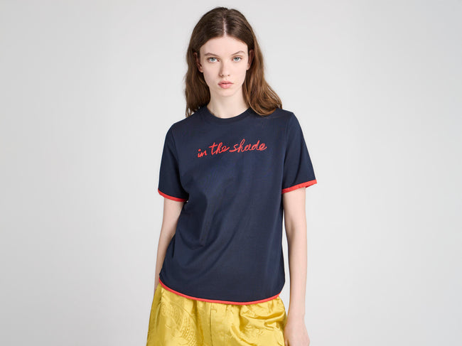 WOMENS 'IN THE SHADE' T-SHIRT IN NAVY & RED