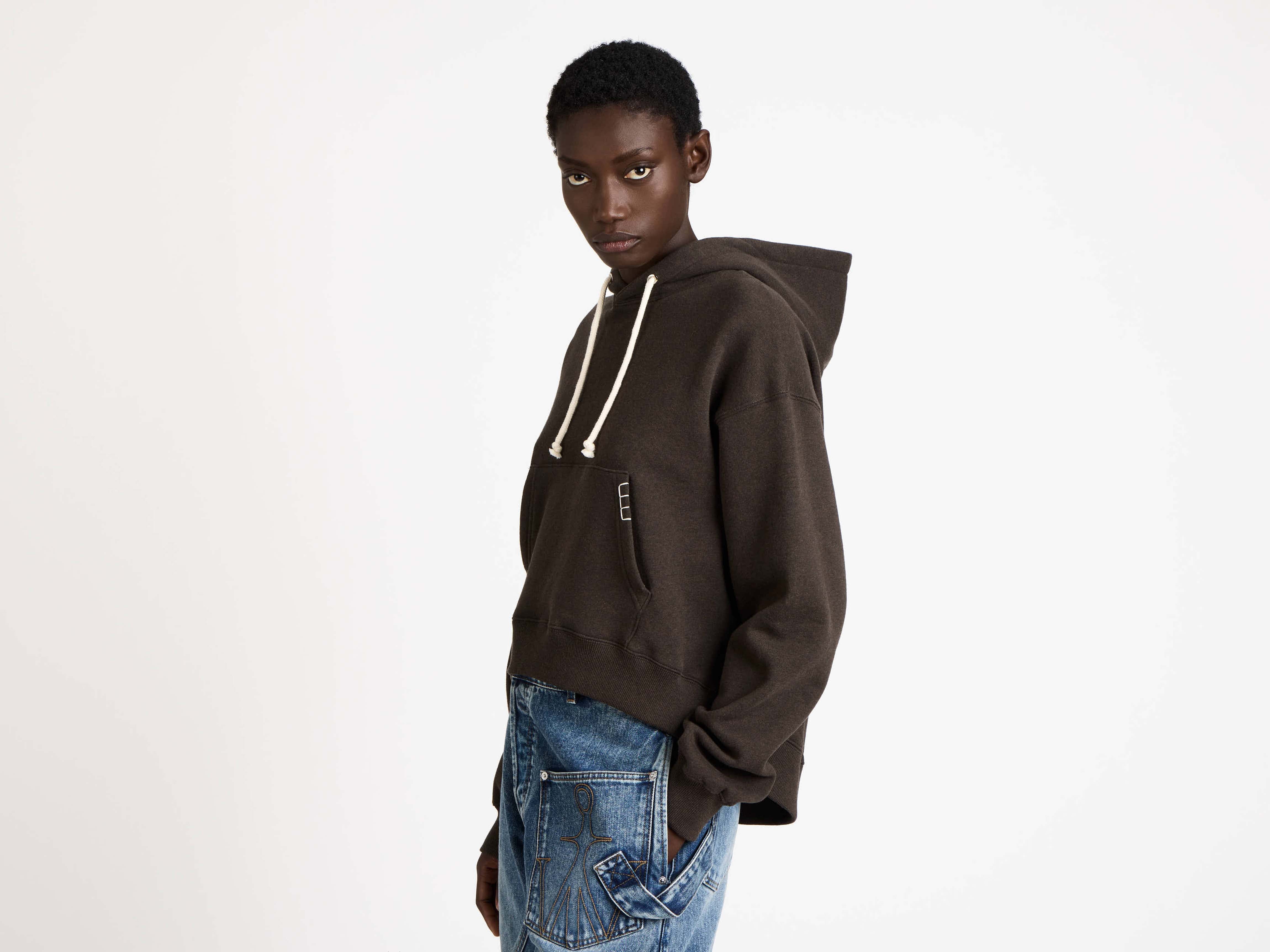 WOMENS CURVED HEM HOODIE IN DARK BROWN MELANGE in DARK BROWN
