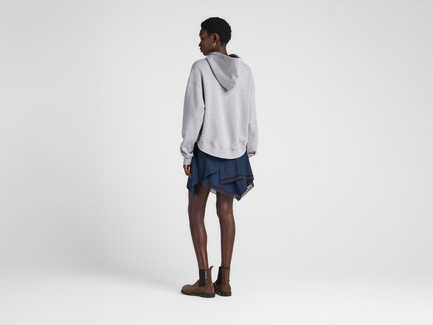 WOMENS CURVED HEM HOODIE IN MID GREY MELANGE