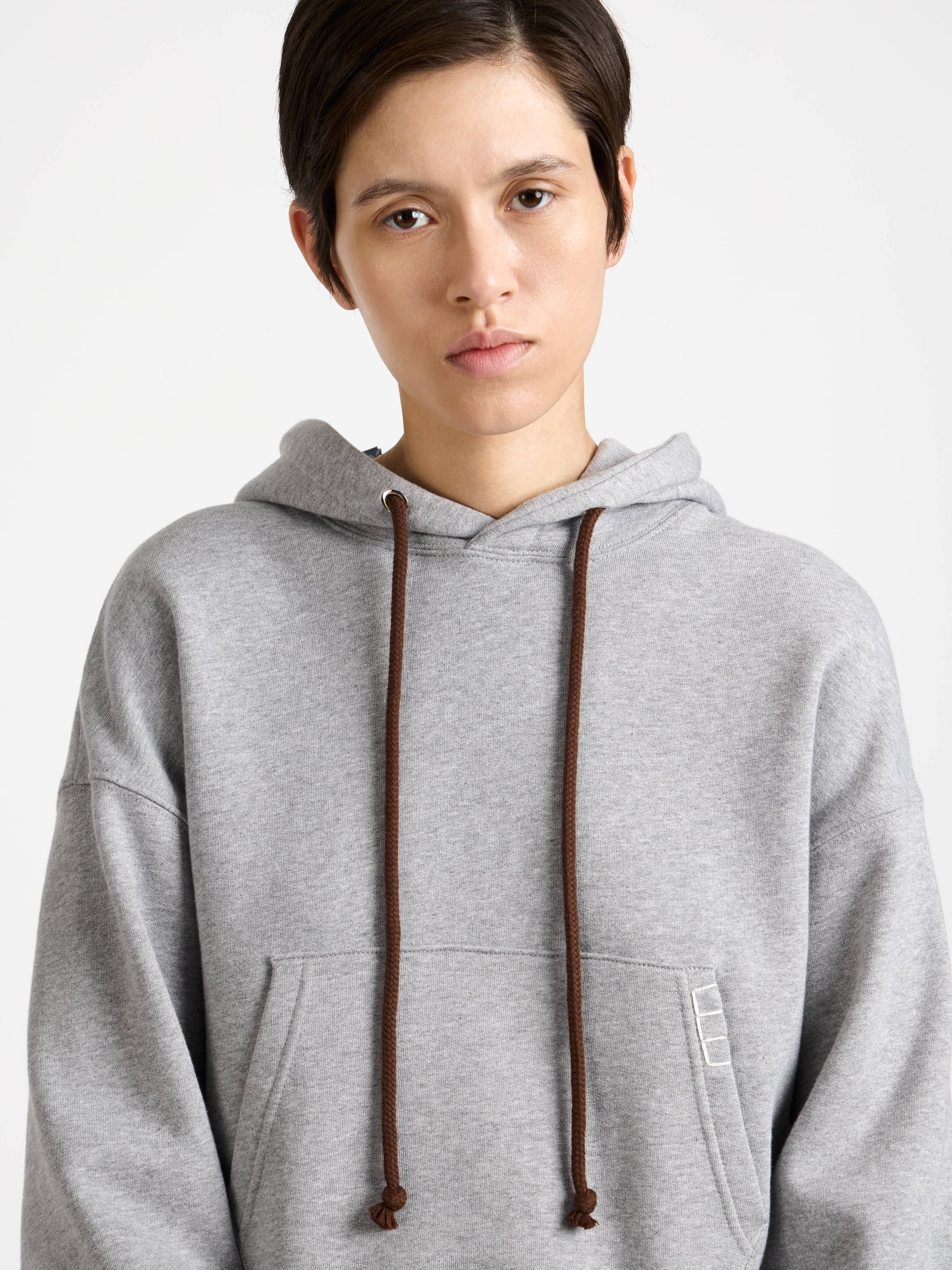 WOMENS CURVED HEM HOODIE IN MID GREY MELANGE