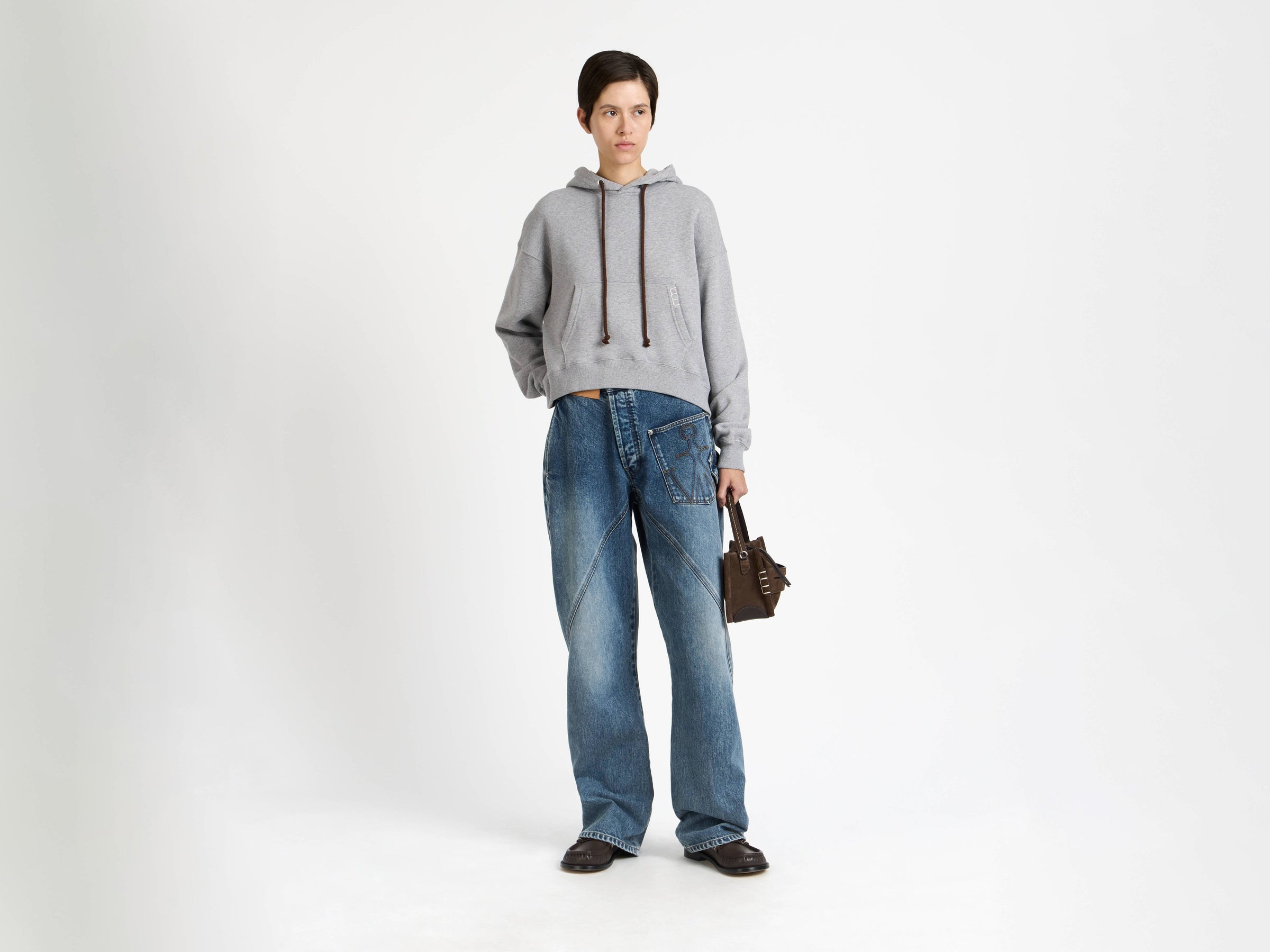 curved hem hoodie mid grey melange Model Front 2