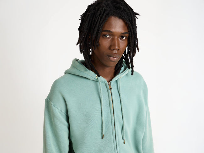 front zip hoodie washed teal Model Detail 1