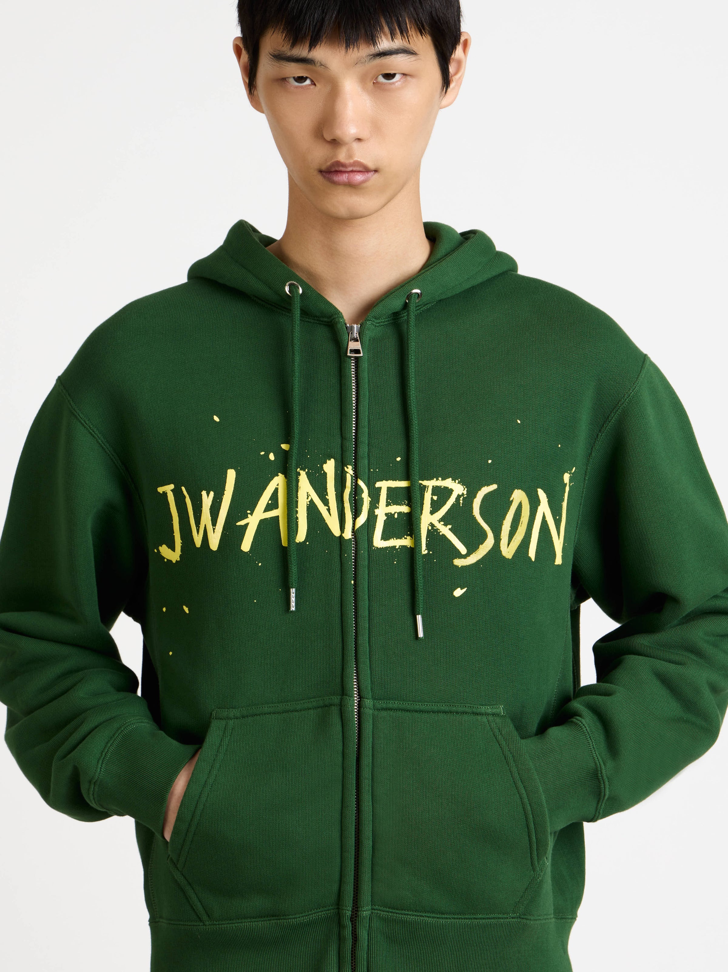 zip front print hoodie green Model Detail 7