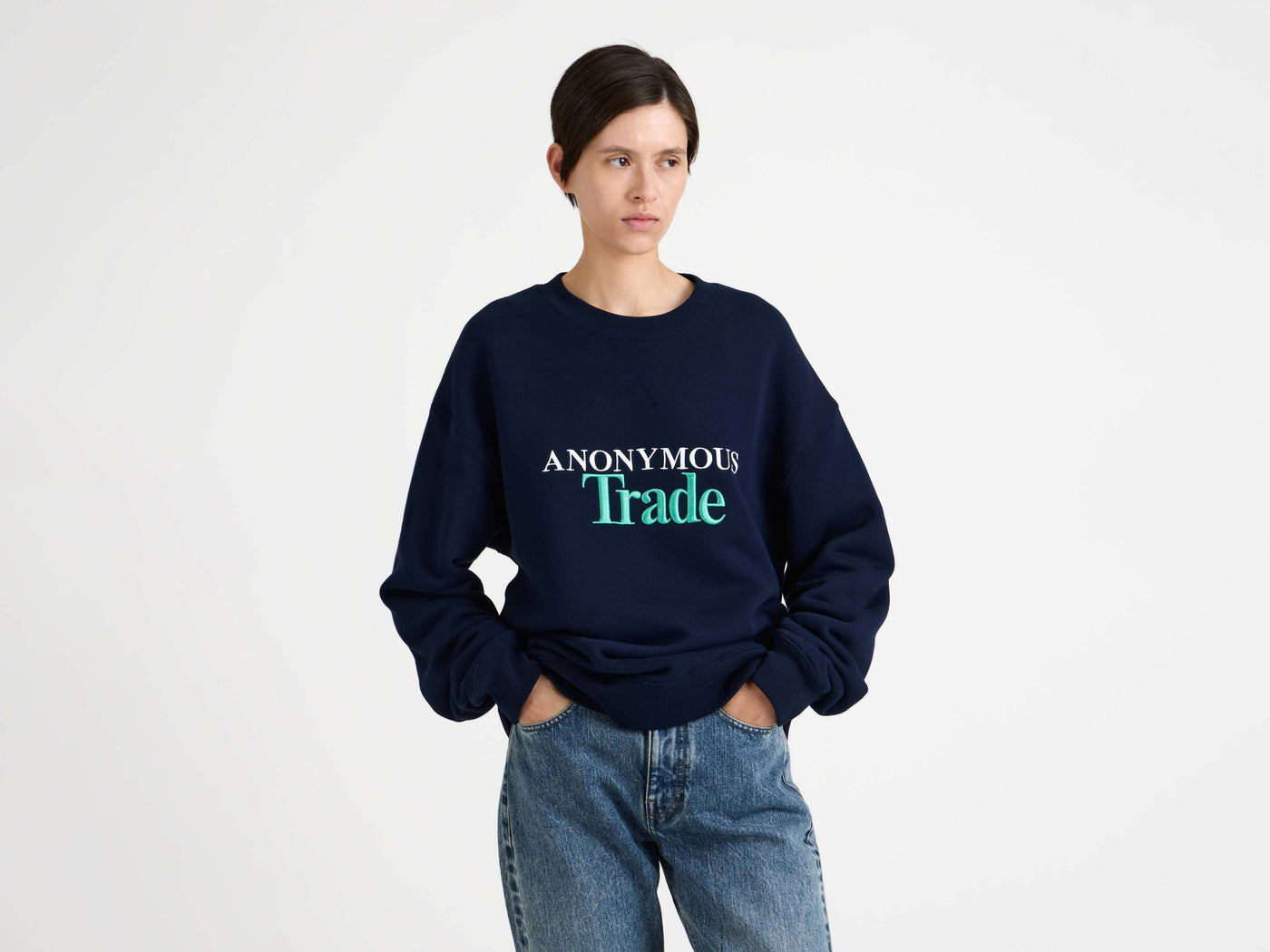 anonymous trade sweatshirt navy 1 Model Detail 1