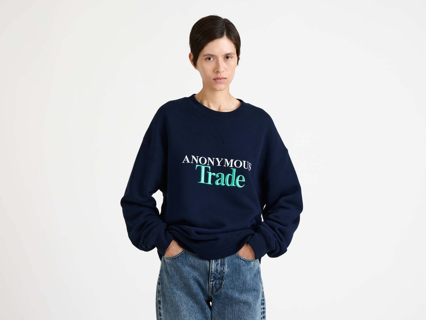 anonymous trade sweatshirt navy 1 Model Detail 6