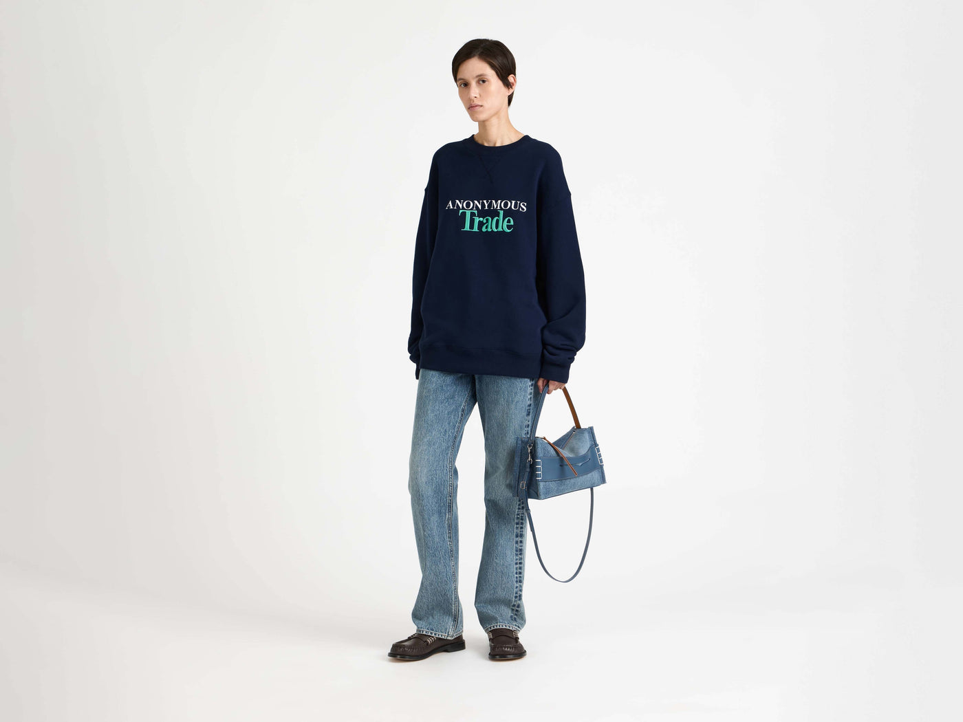 anonymous trade sweatshirt navy 1 Model Front 3