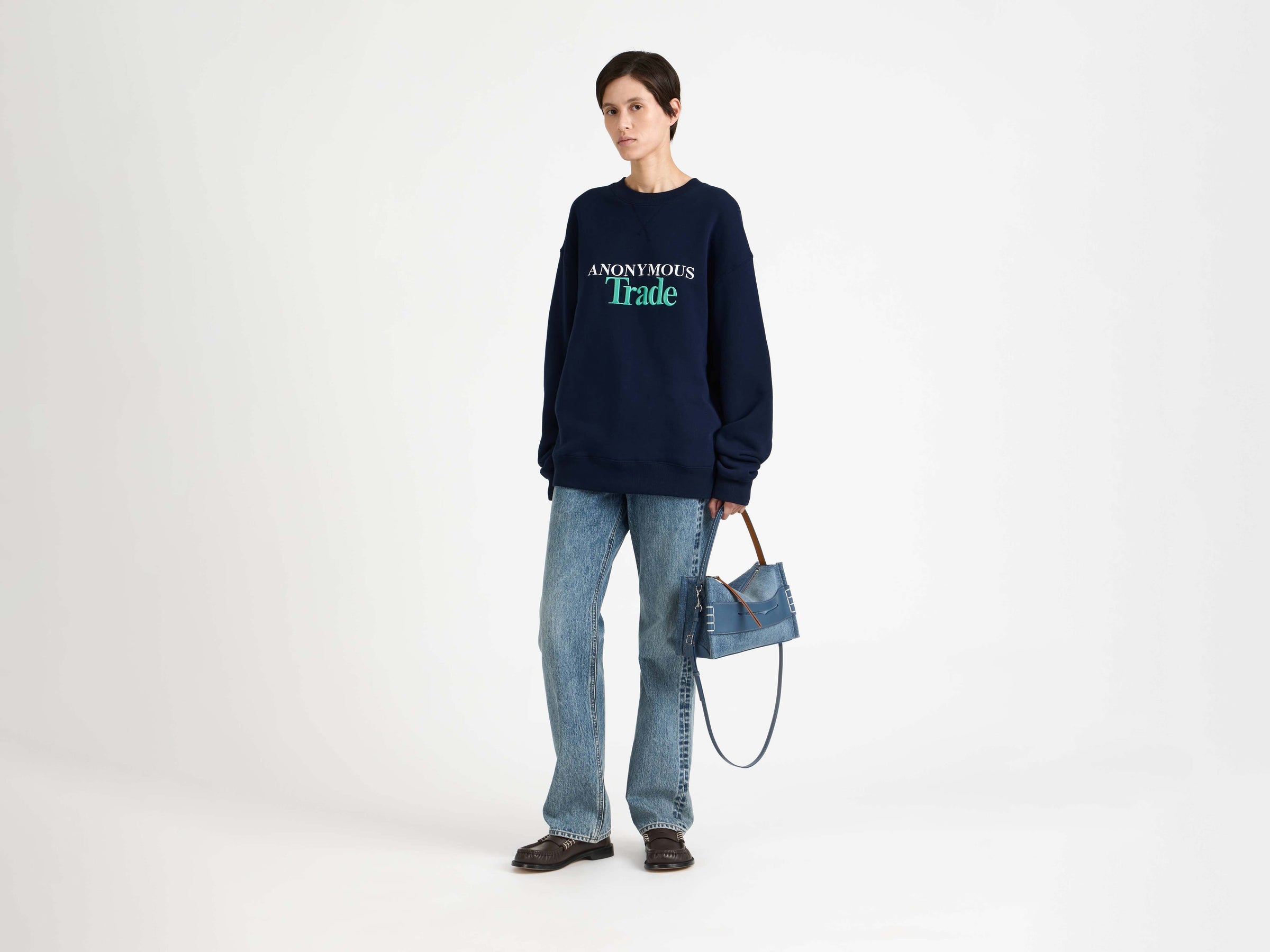 anonymous trade sweatshirt navy 1 Model Front 3