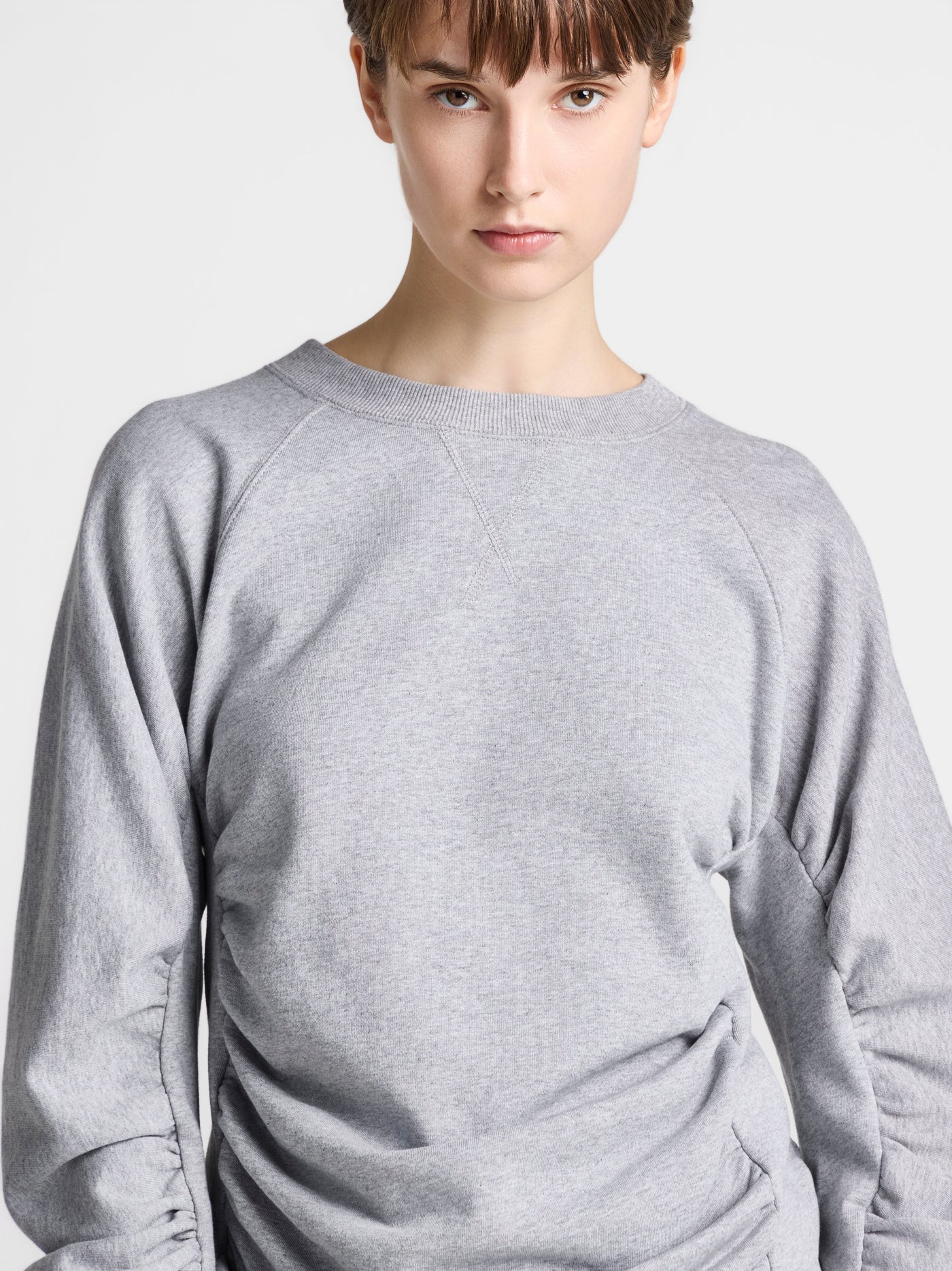 WOMENS RUCHED SLEEVE SWEATSHIRT IN MID GREY MELANGE