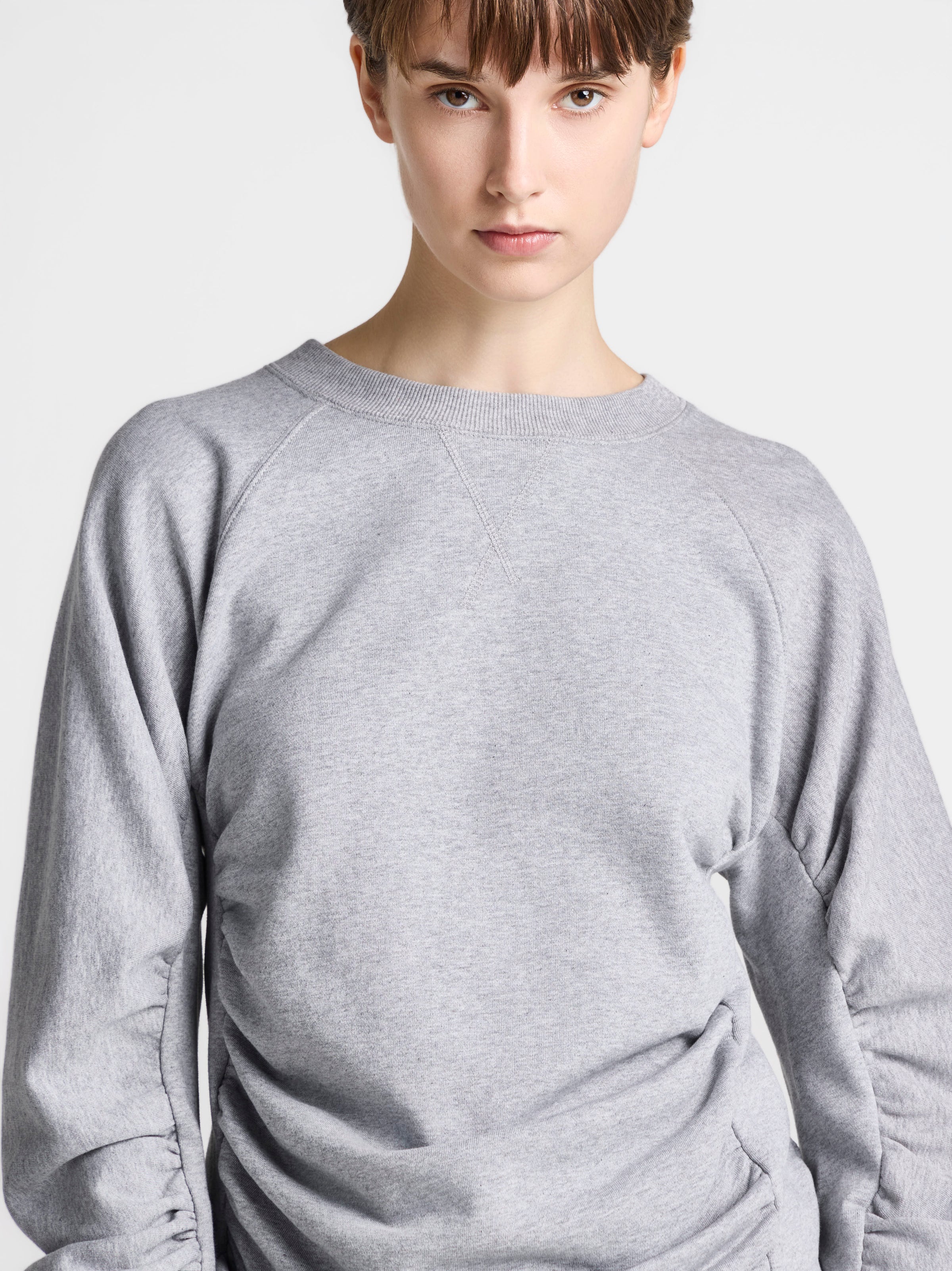 WOMENS RUCHED SLEEVE SWEATSHIRT IN MID GREY MELANGE