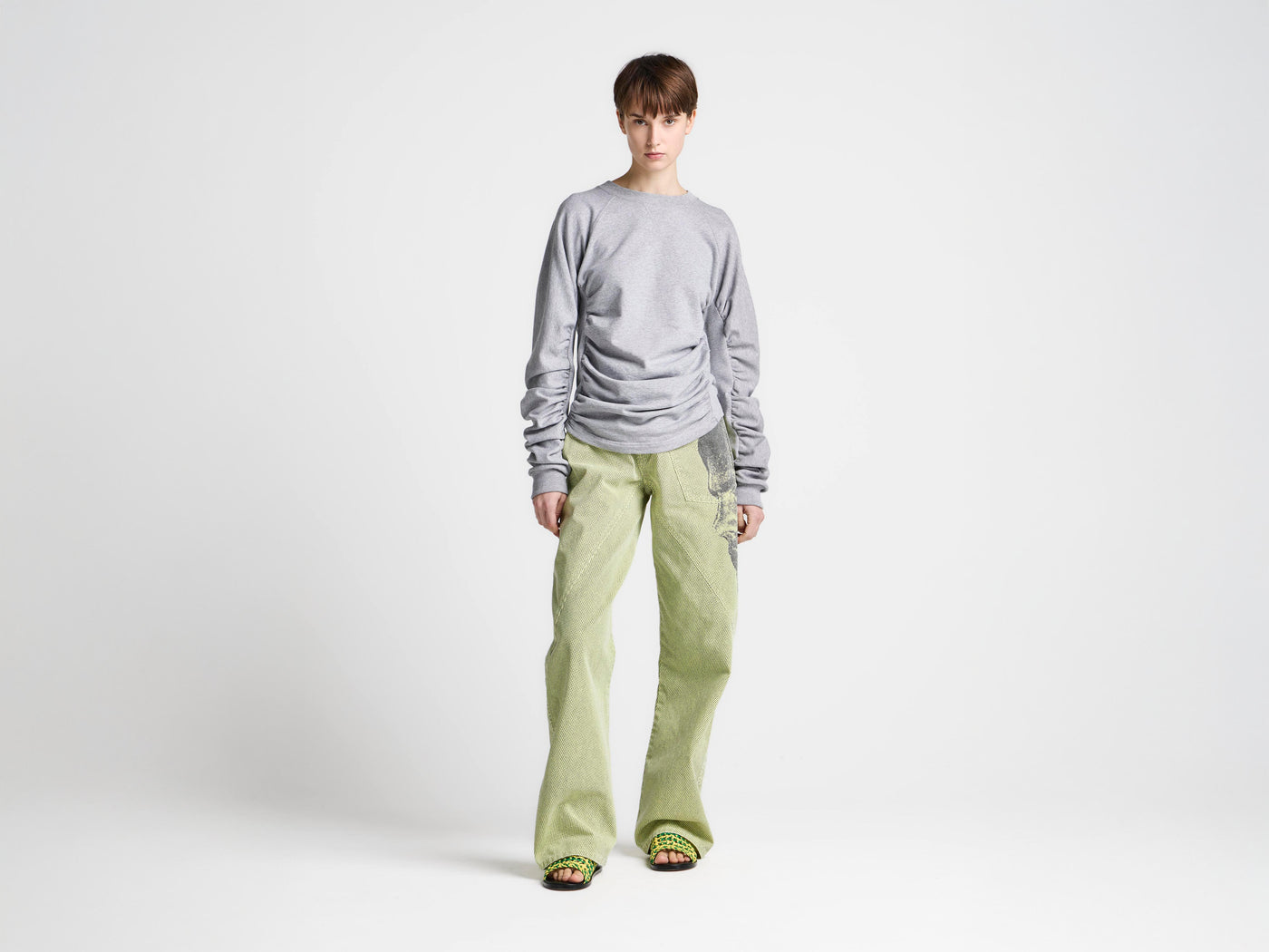 WOMENS RUCHED SLEEVE SWEATSHIRT IN MID GREY MELANGE