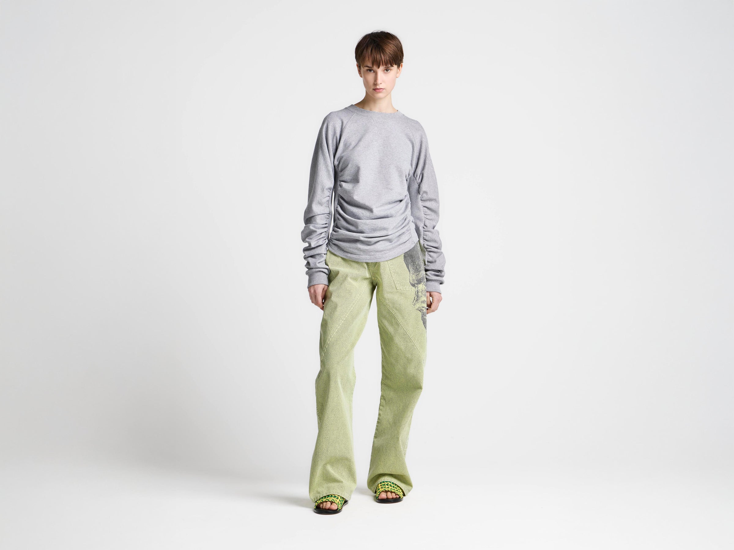 WOMENS RUCHED SLEEVE SWEATSHIRT IN MID GREY MELANGE