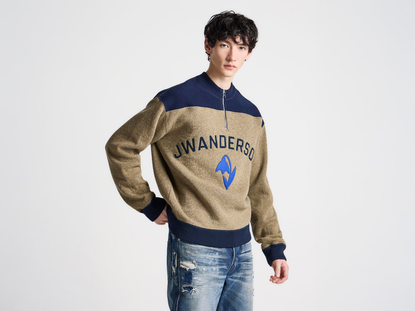 MENS HALF ZIP SWEATSHIRT IN BEIGE MELANGE