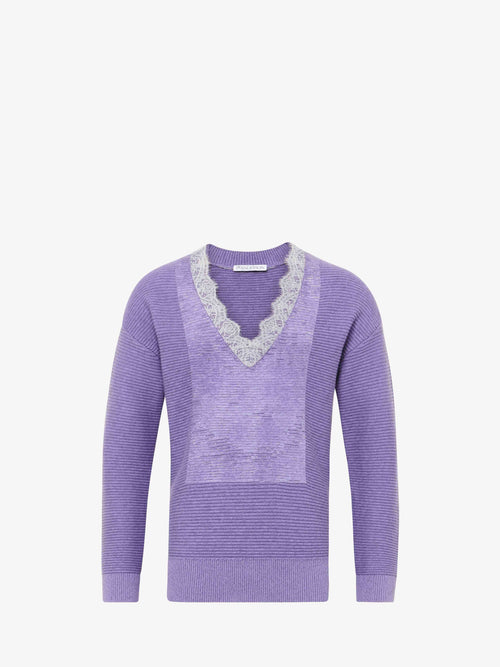 V-NECK LACE TRIM SWEATER