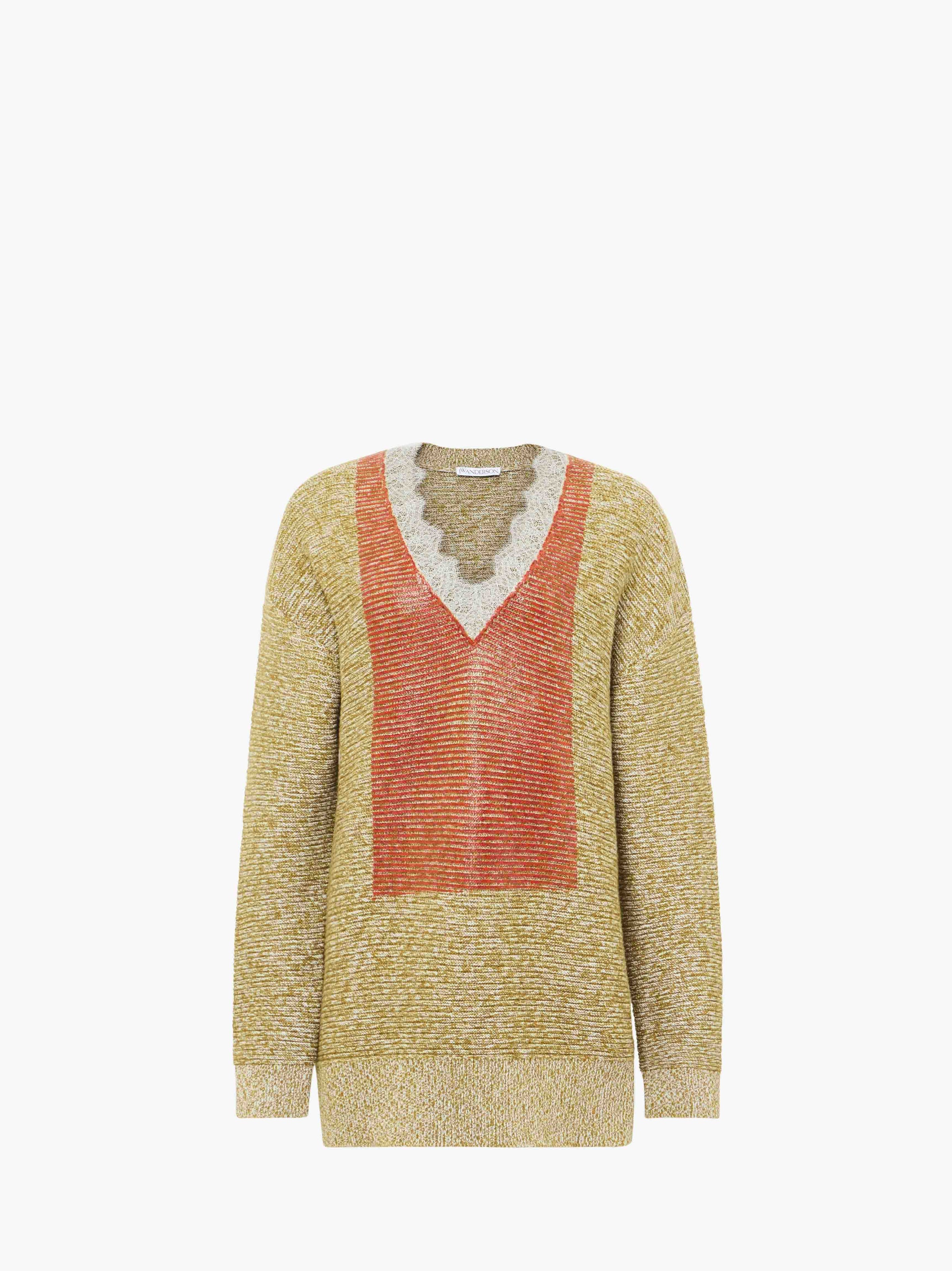 CL_LACE TRIM V NECK JUMPER - COBBLESTONE/RED_KW1400YN0402