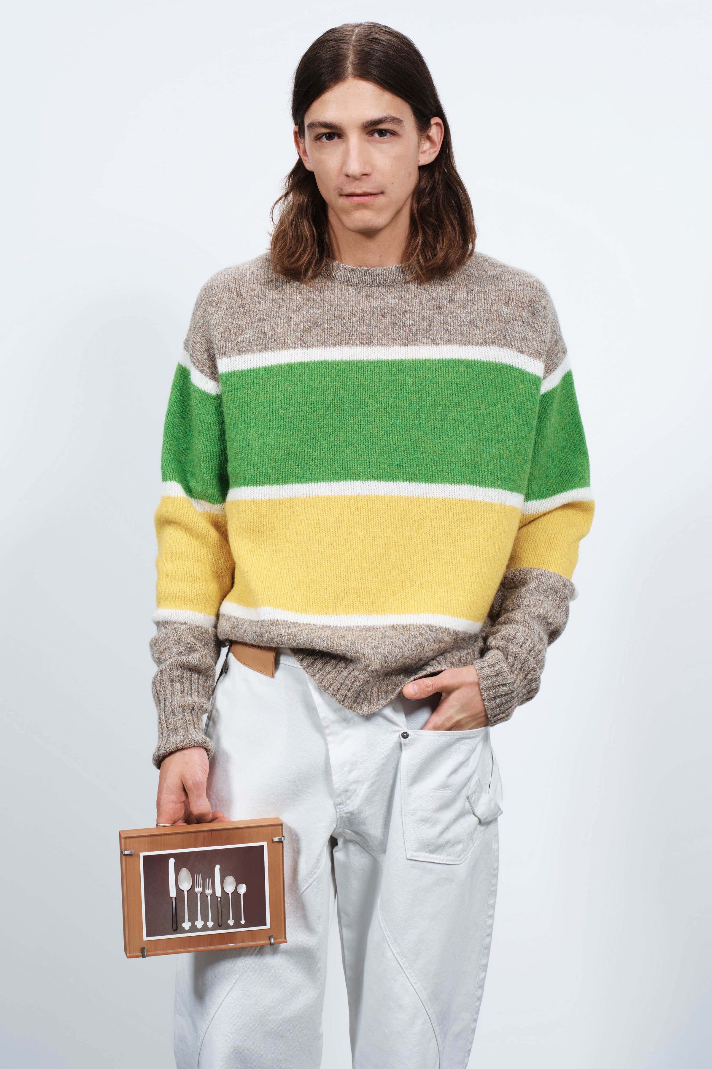 CONTRAST STRIPED CREW NECK JUMPER IN BEIGE MELANGE