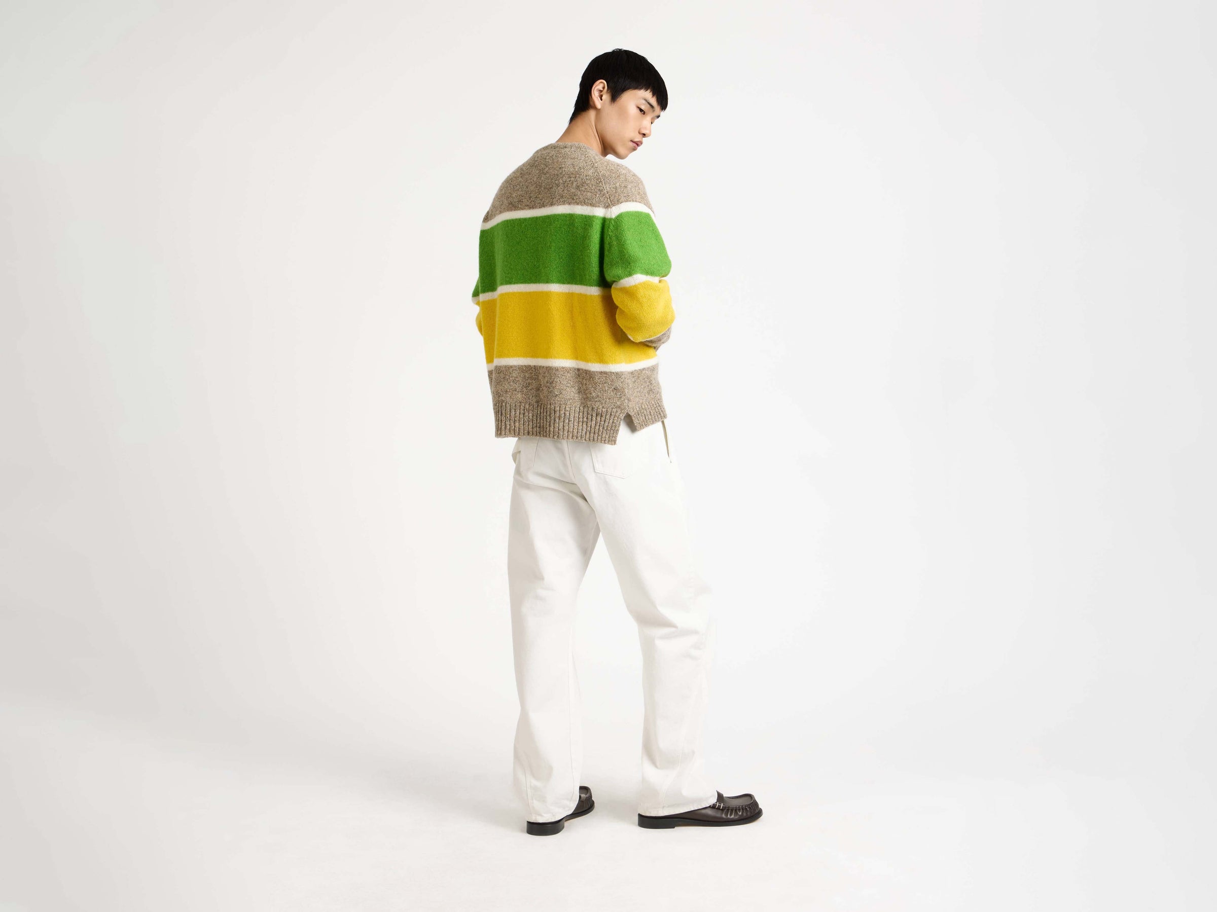 stripe crew neck jumper beige melange Model Back 5