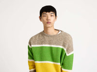 CONTRAST STRIPED CREW NECK JUMPER IN BEIGE MELANGE