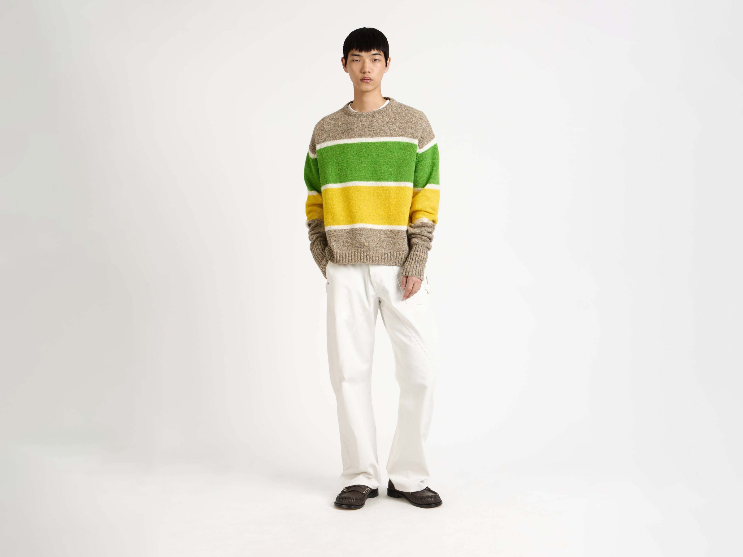CONTRAST STRIPED CREW NECK JUMPER IN BEIGE MELANGE