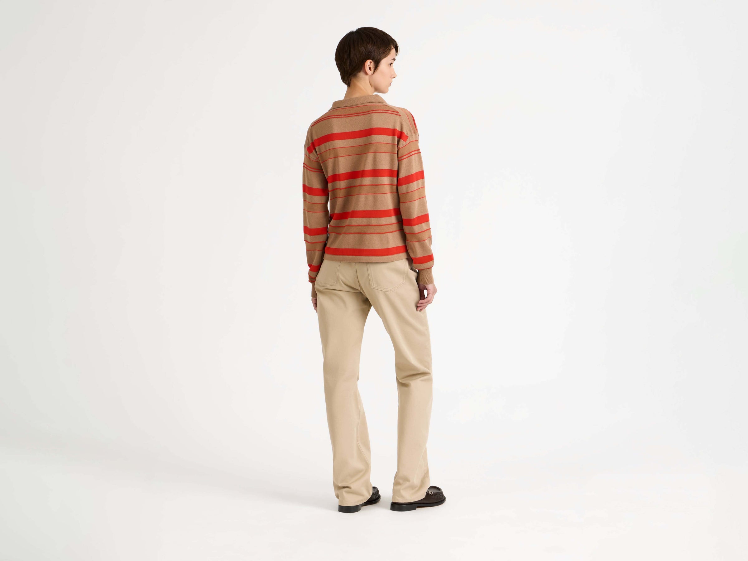KNITTED STRIPED RUGBY POLO TOP IN BISCUIT