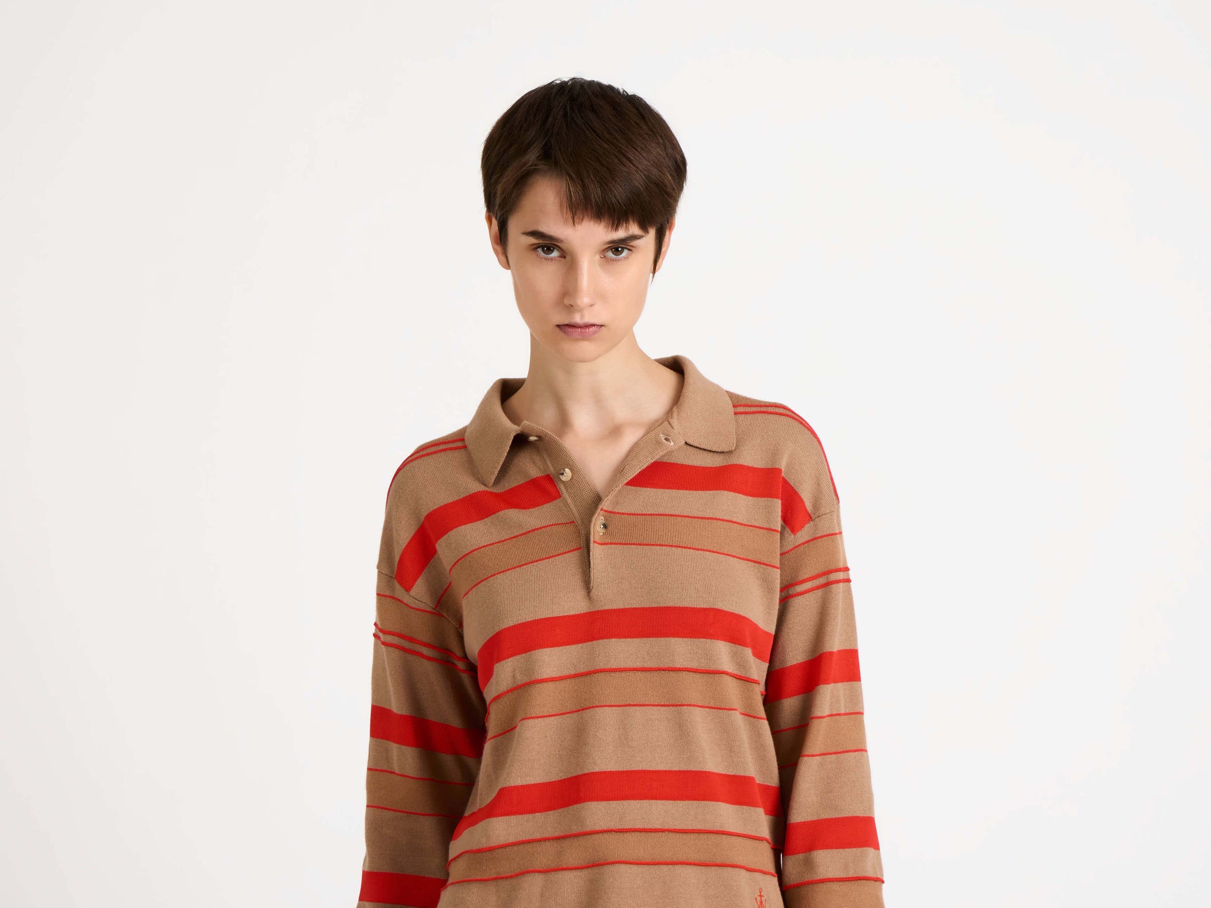 KNITTED STRIPED RUGBY POLO TOP IN BISCUIT