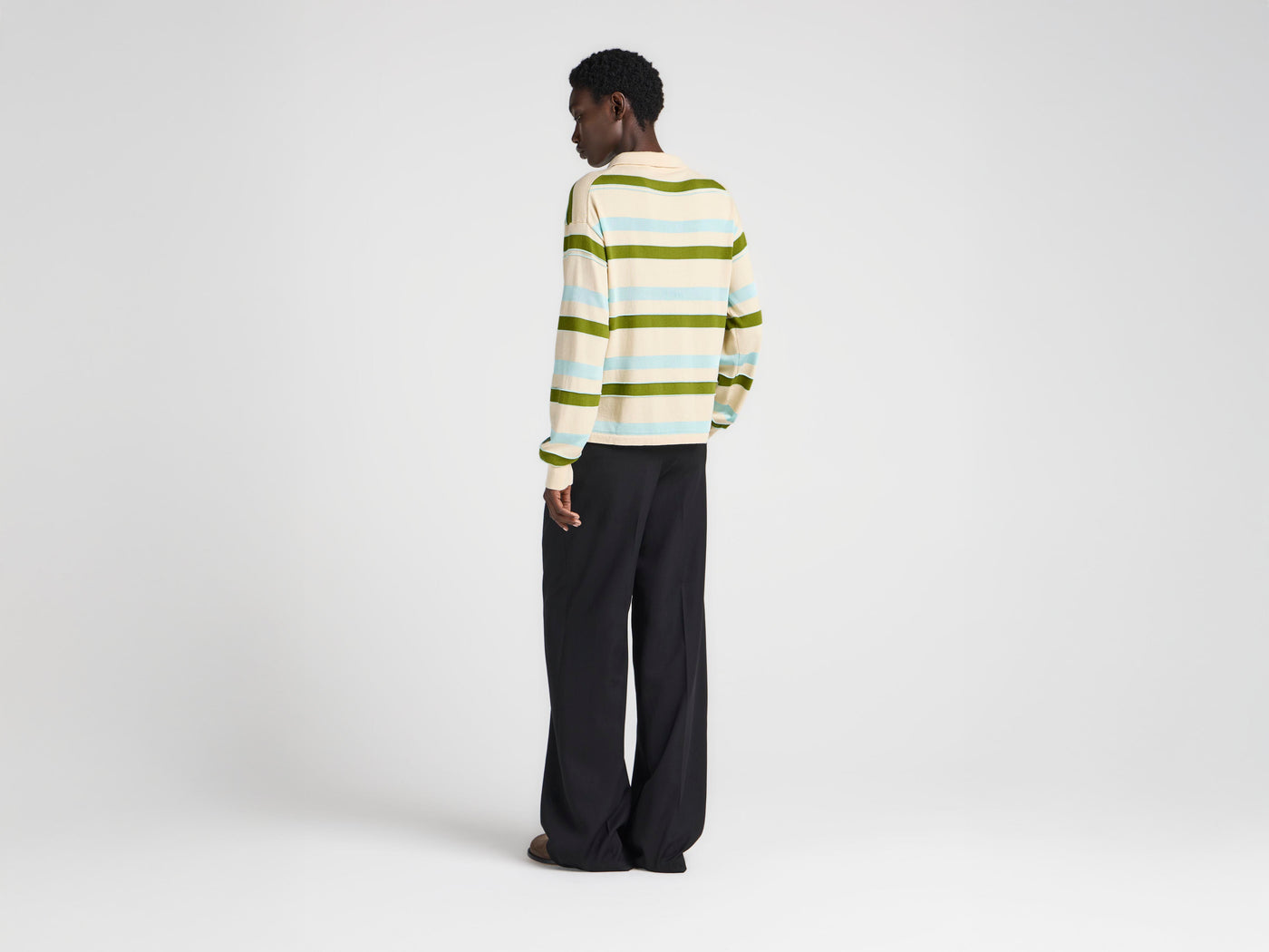 WOMENS KNITTED STRIPED RUGBY POLO TOP IN IVORY