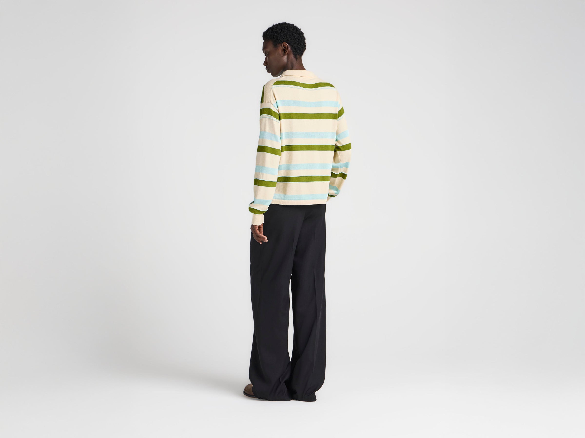 WOMENS KNITTED STRIPED RUGBY POLO TOP IN IVORY
