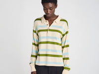 WOMENS KNITTED STRIPED RUGBY POLO TOP IN IVORY