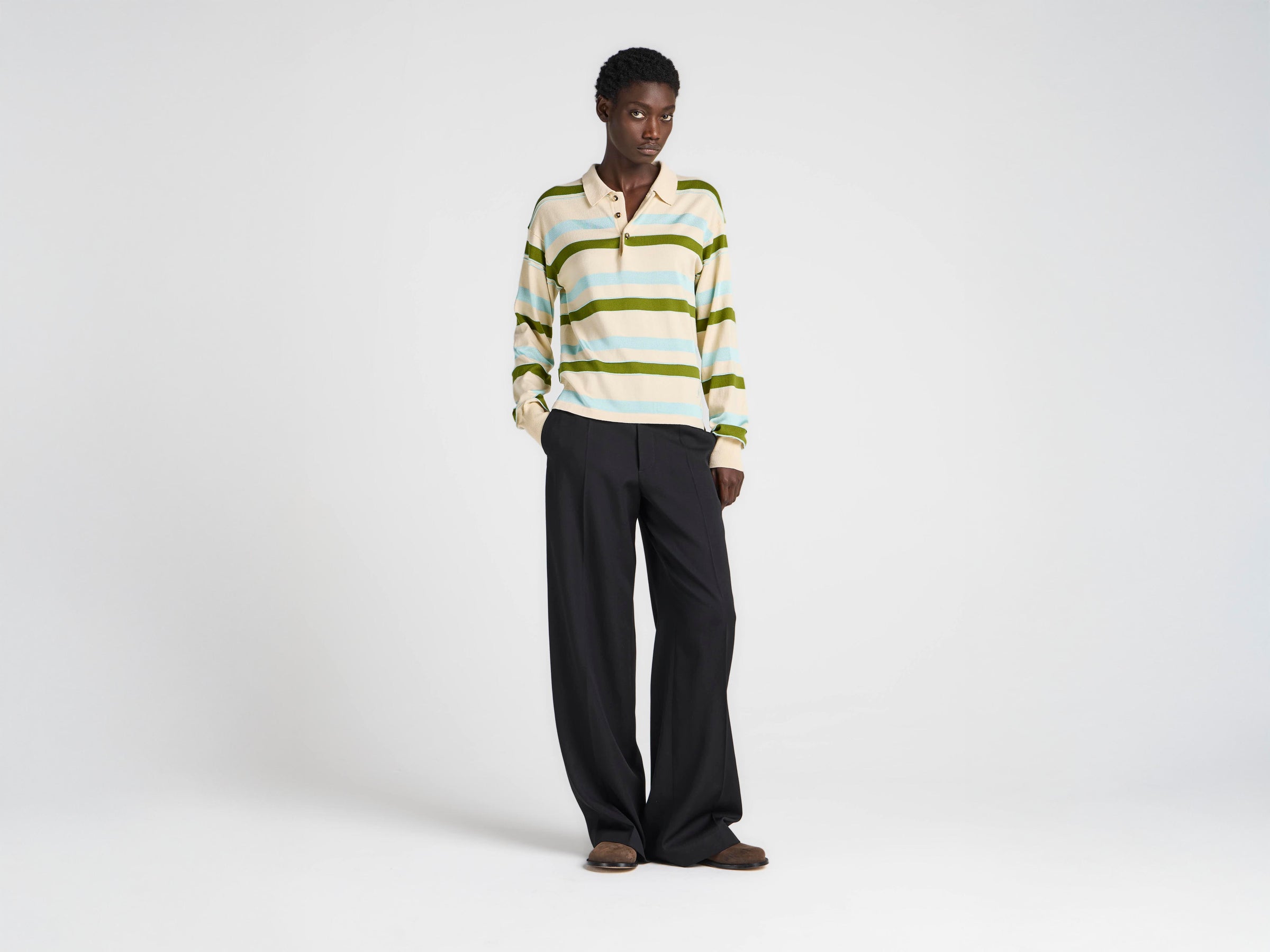 WOMENS KNITTED STRIPED RUGBY POLO TOP IN IVORY