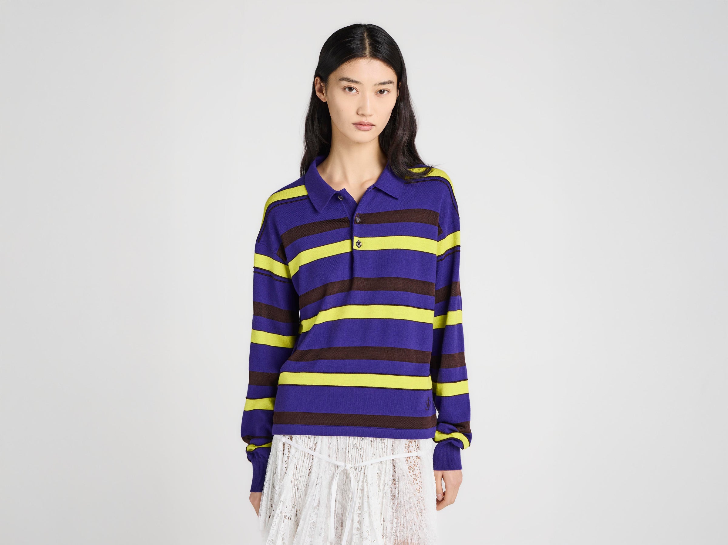 WOMENS KNITTED STRIPED RUGBY POLO TOP IN ULTRAVIOLET