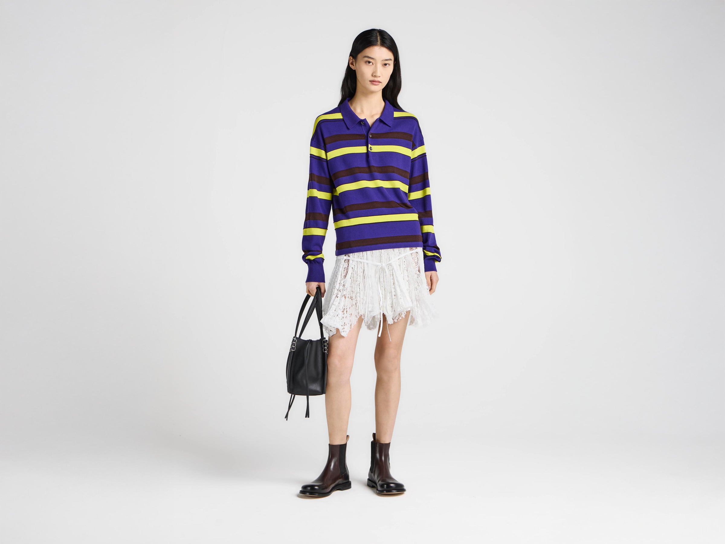 WOMENS KNITTED STRIPED RUGBY POLO TOP IN ULTRAVIOLET