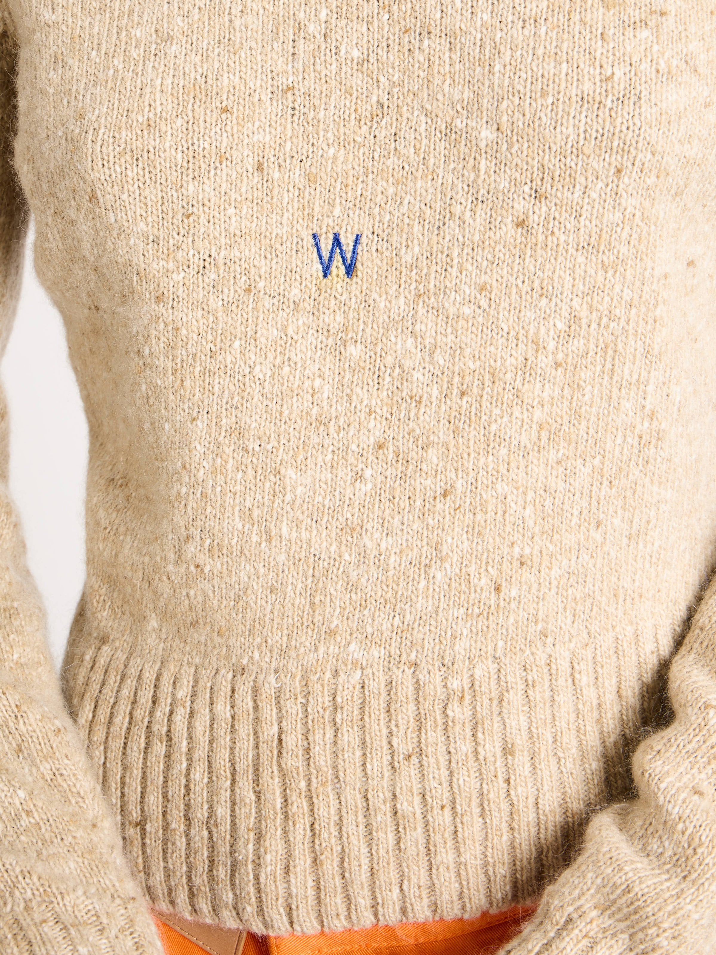 sleeve embroidered crew neck jumper oatmeal melange 1 Model Detail 7