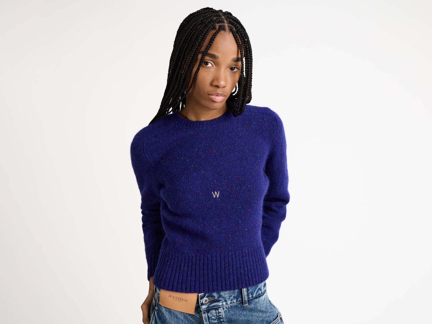 sleeve embroidered crew neck jumper violet 1 Model Detail 3