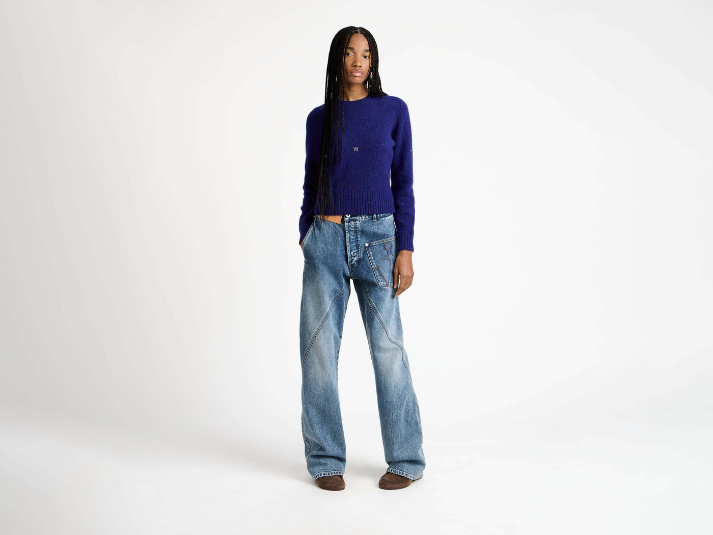sleeve embroidered crew neck jumper violet 1 Model Front 5