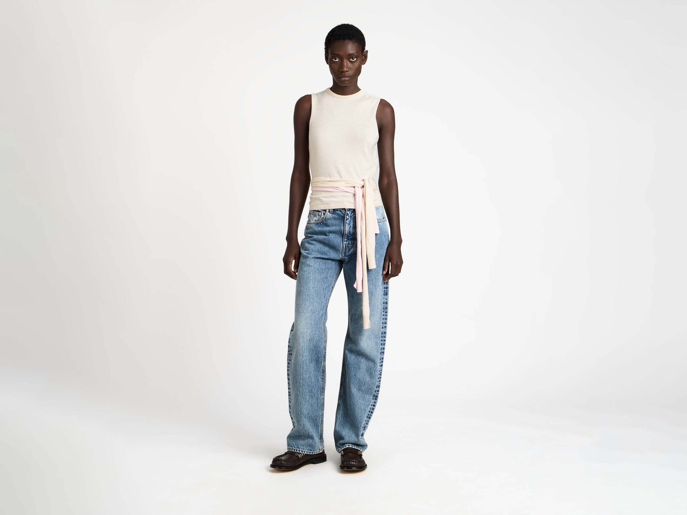 waist tie tank top ivory Model Front 5