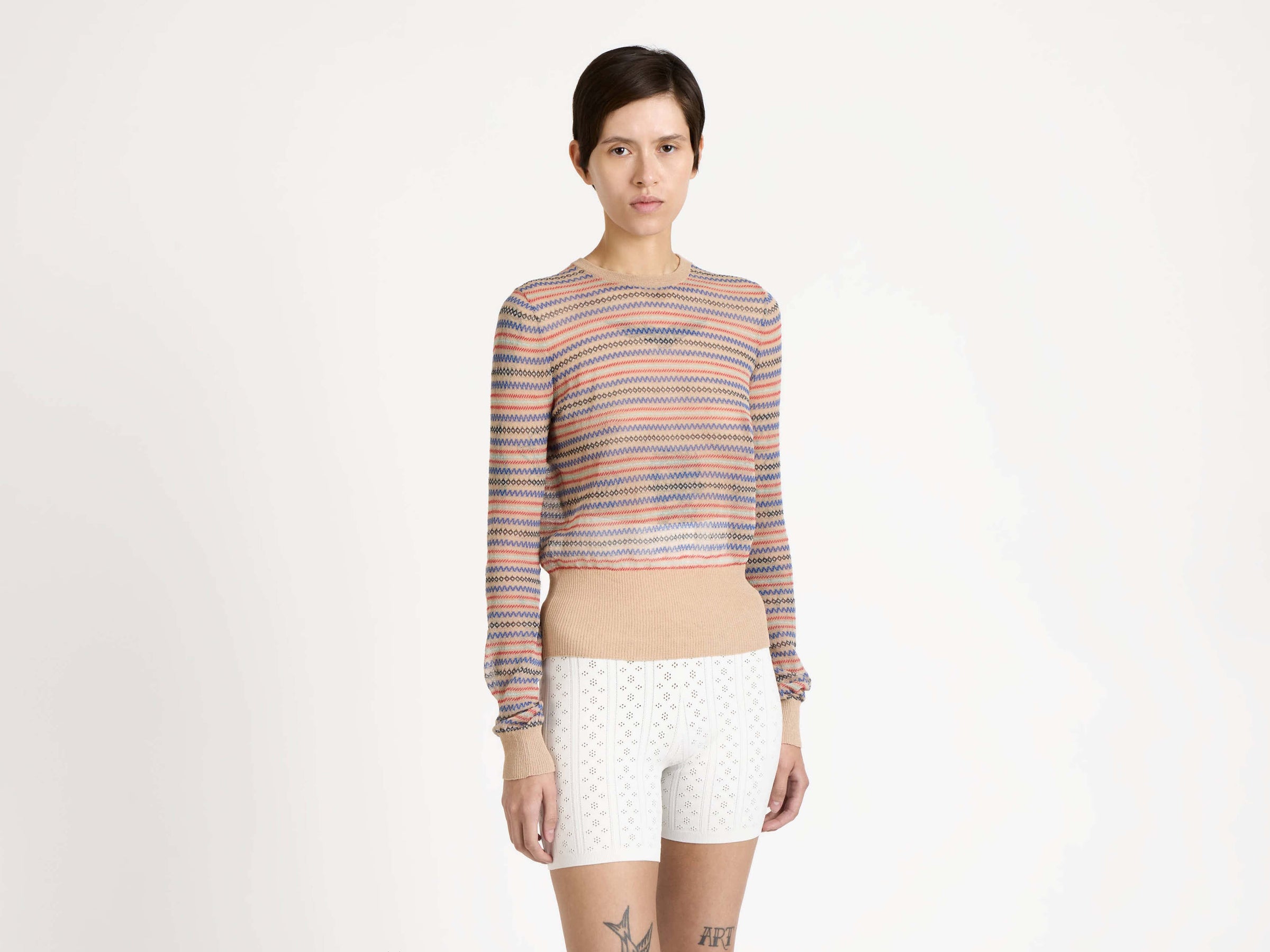 sheer fair isle longsleeve top burgundy Model Detail 1
