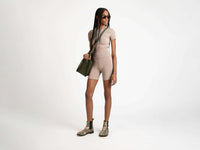 KNITTED POINTELLE FITTED SHORTS IN TAUPE