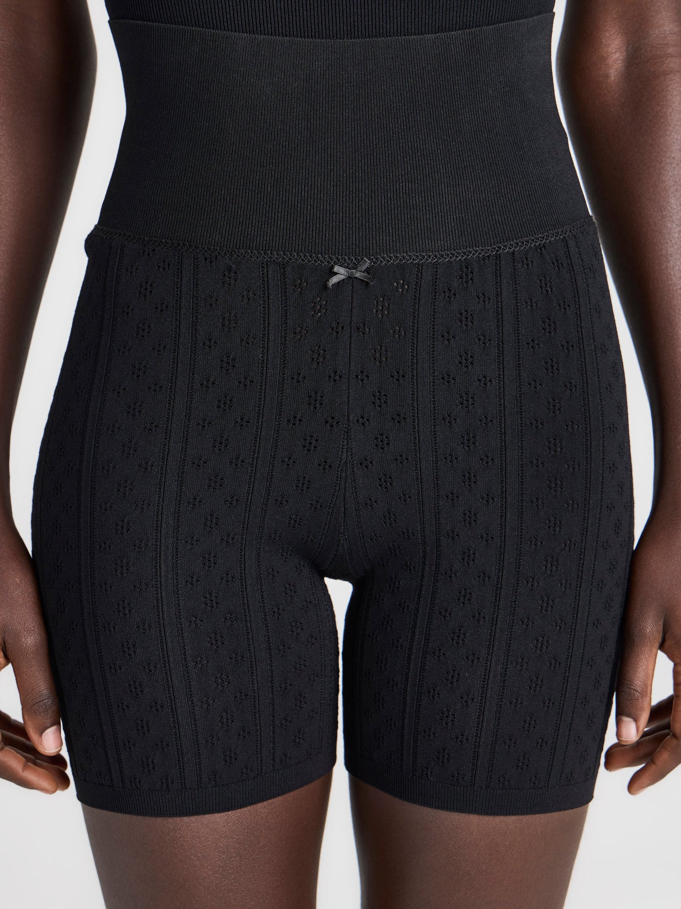 WOMENS KNITTED POINTELLE FITTED SHORTS IN BLACK