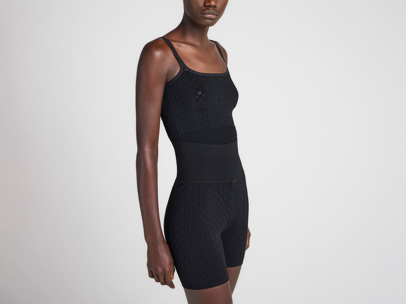 WOMENS KNITTED POINTELLE FITTED SHORTS IN BLACK