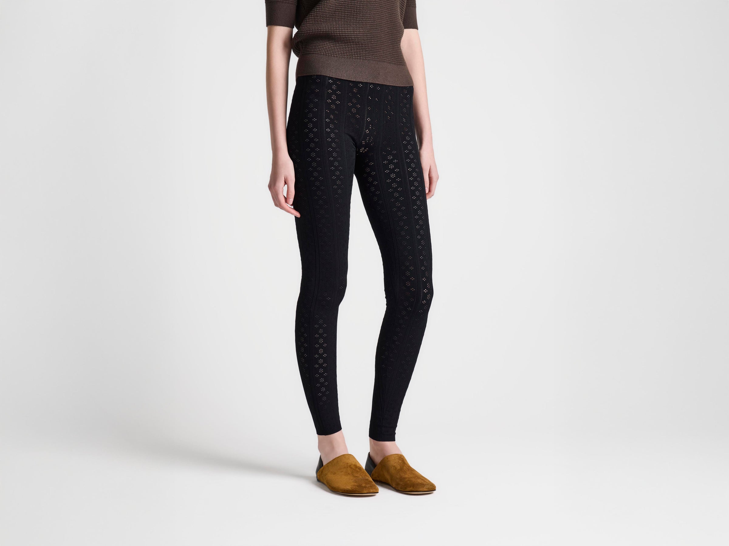 WOMENS KNITTED POINTELLE LEGGINGS IN BLACK