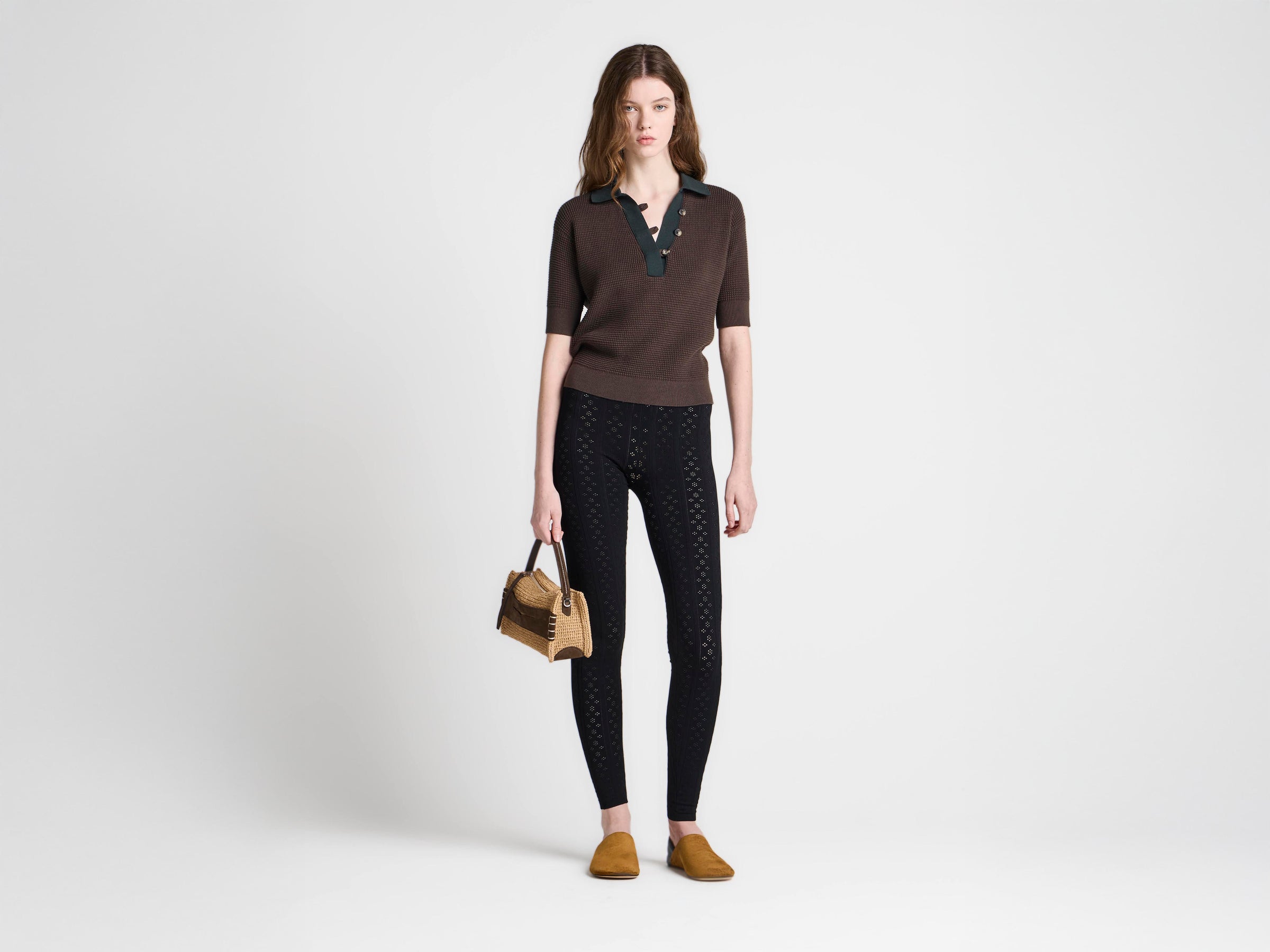 WOMENS KNITTED POINTELLE LEGGINGS IN BLACK