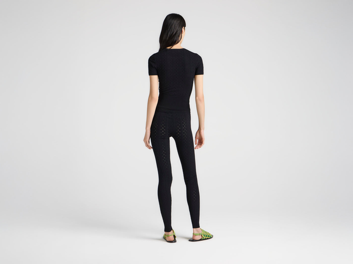 WOMENS KNITTED POINTELLE T-SHIRT IN BLACK