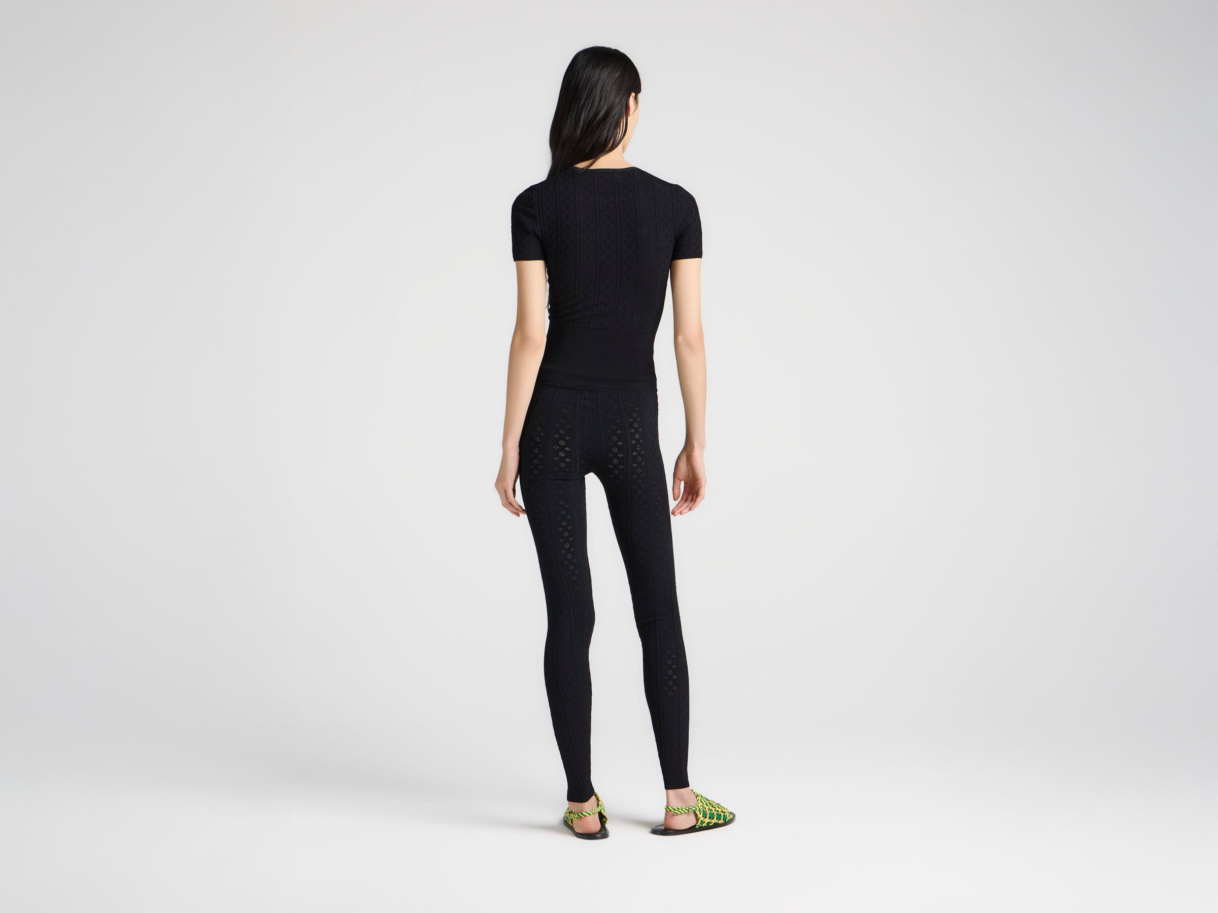 WOMENS KNITTED POINTELLE T-SHIRT IN BLACK