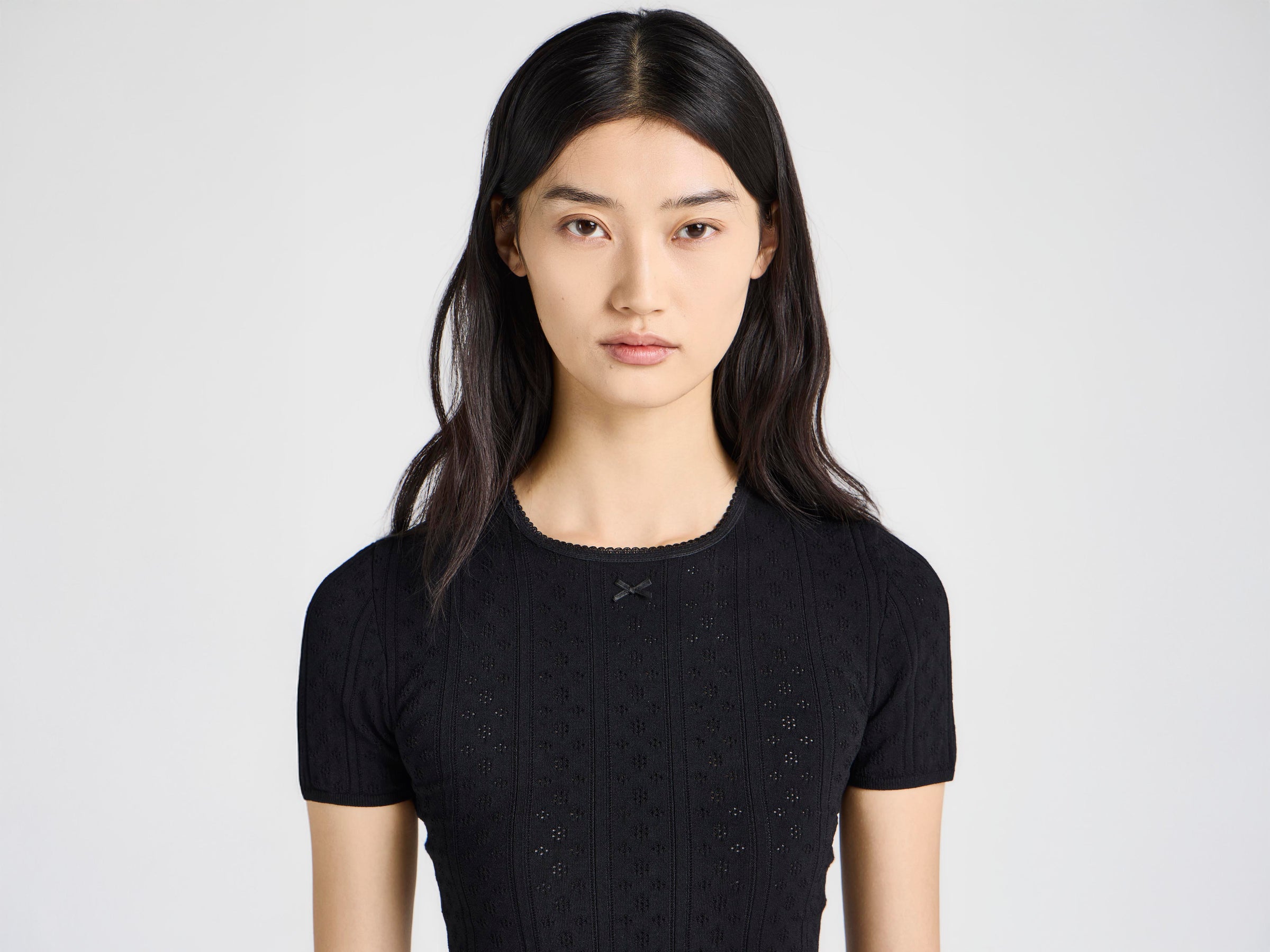 WOMENS KNITTED POINTELLE T-SHIRT IN BLACK