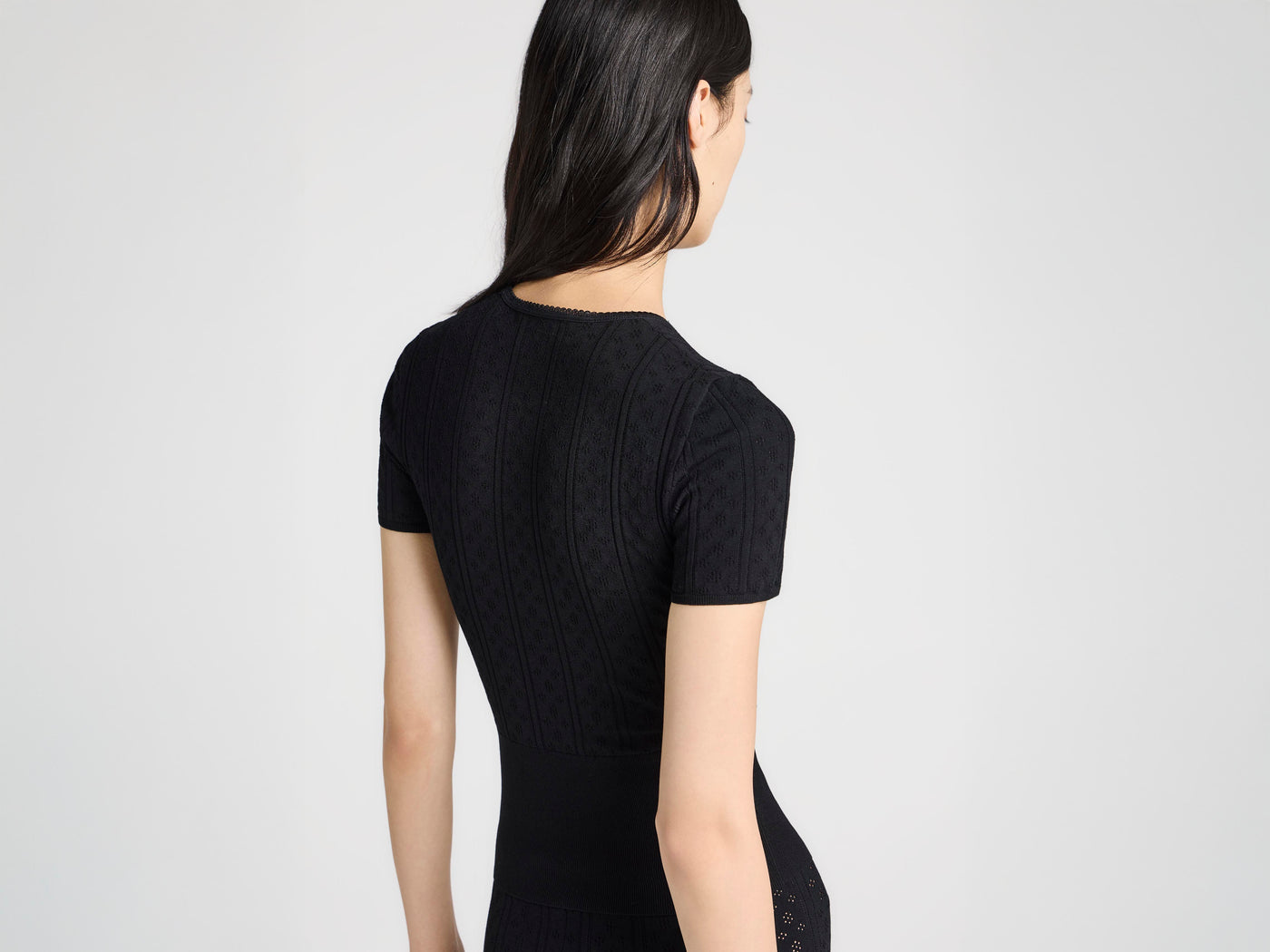 WOMENS KNITTED POINTELLE T-SHIRT IN BLACK