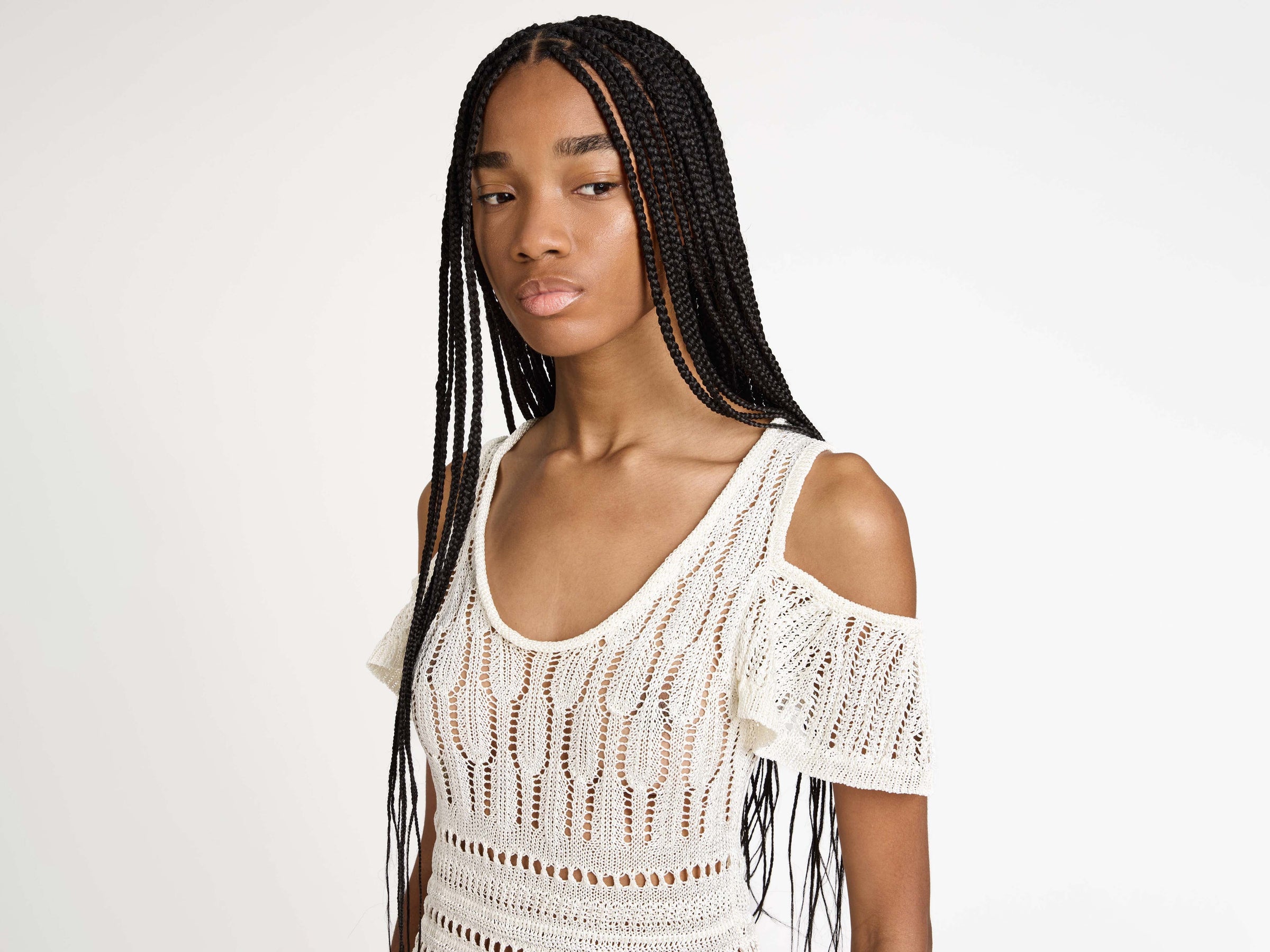 shoulder ruffle crochet dress white Model Detail 5