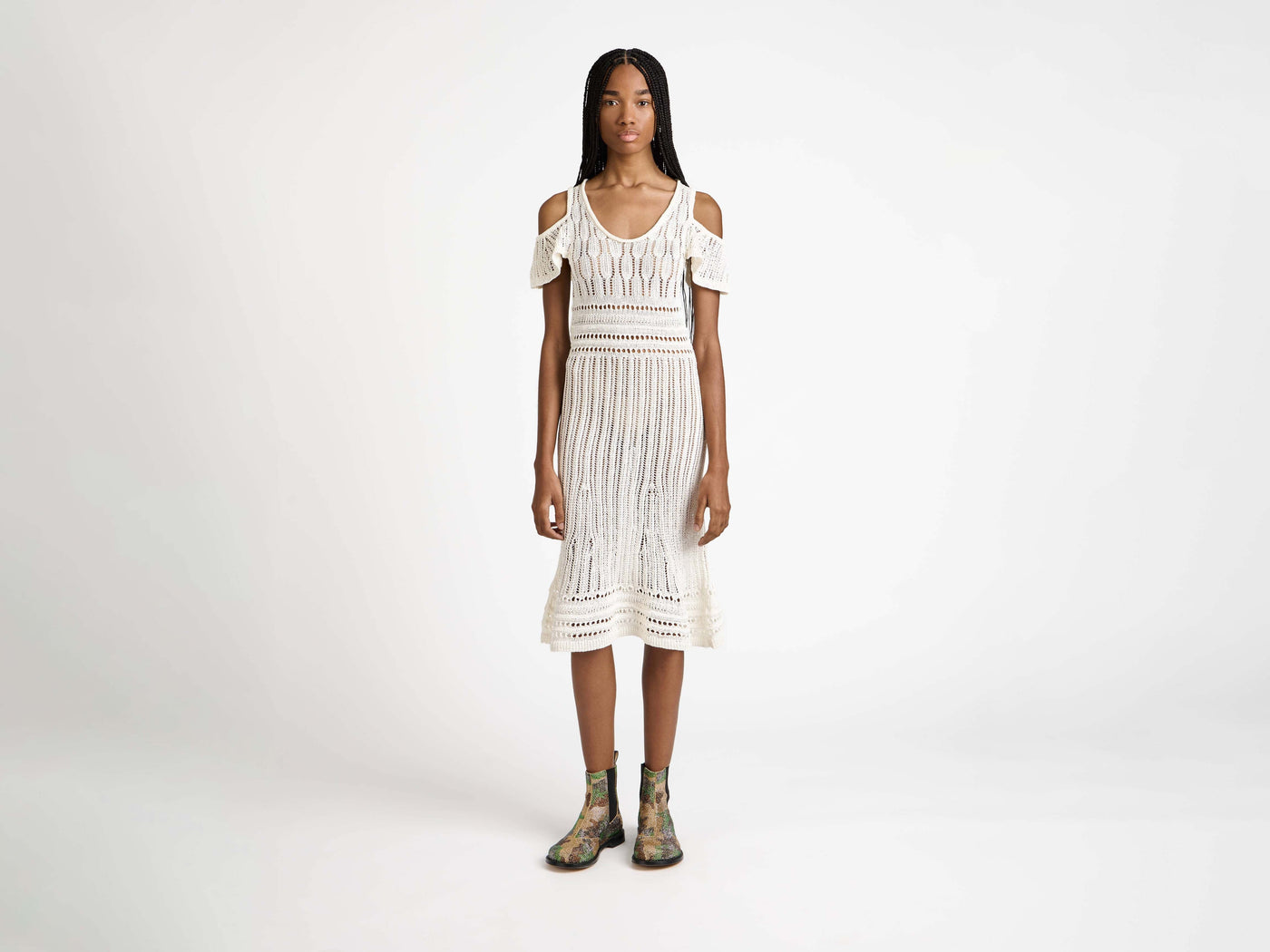 Womens Shoulder Ruffle Crochet Dress In White Womens Shoulder Ruffle Crochet Dress In White