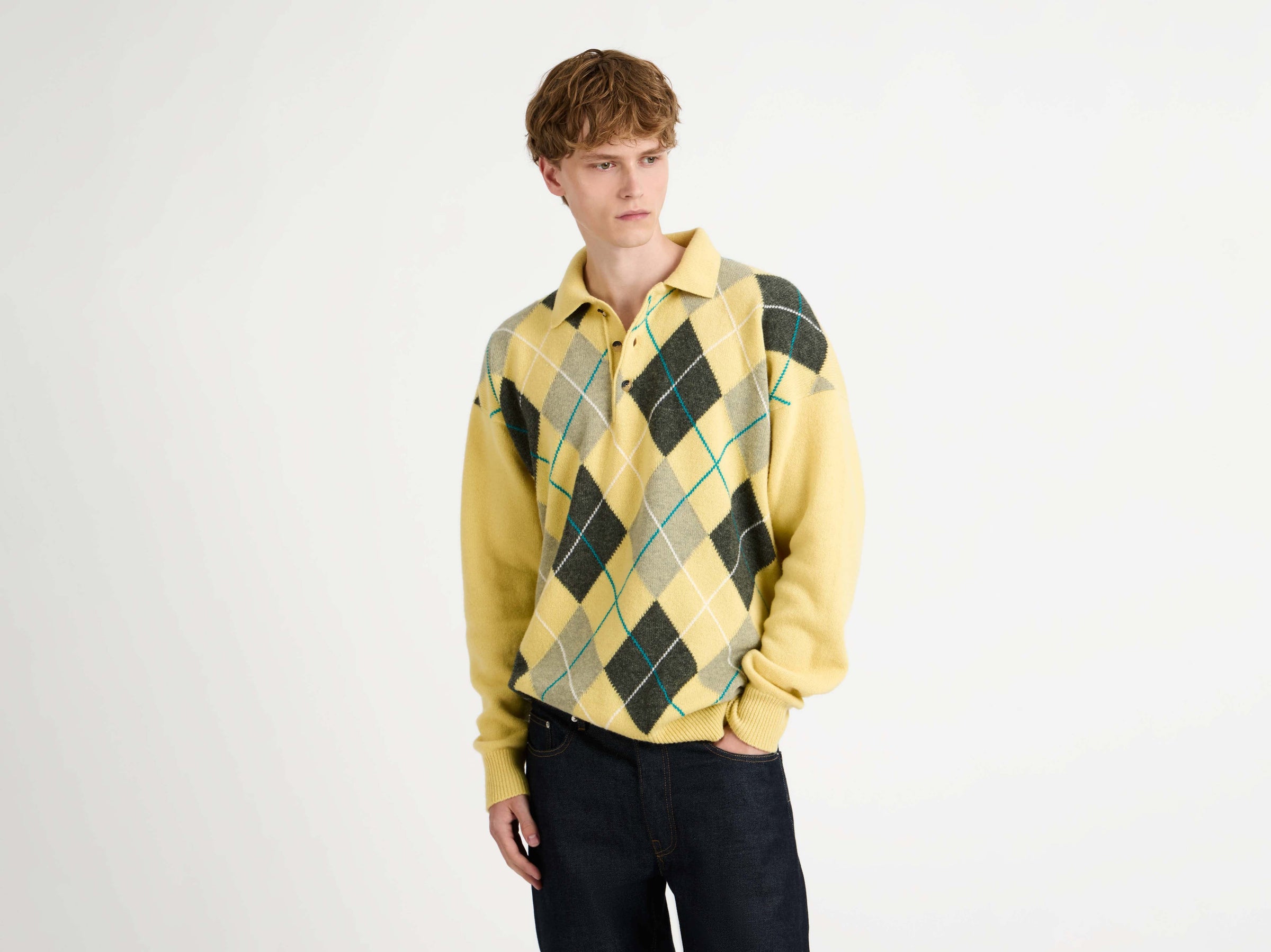 MENS JW ANDERSON X PRINGLE ARGYLE POLO TOP IN SOFT YELLOW