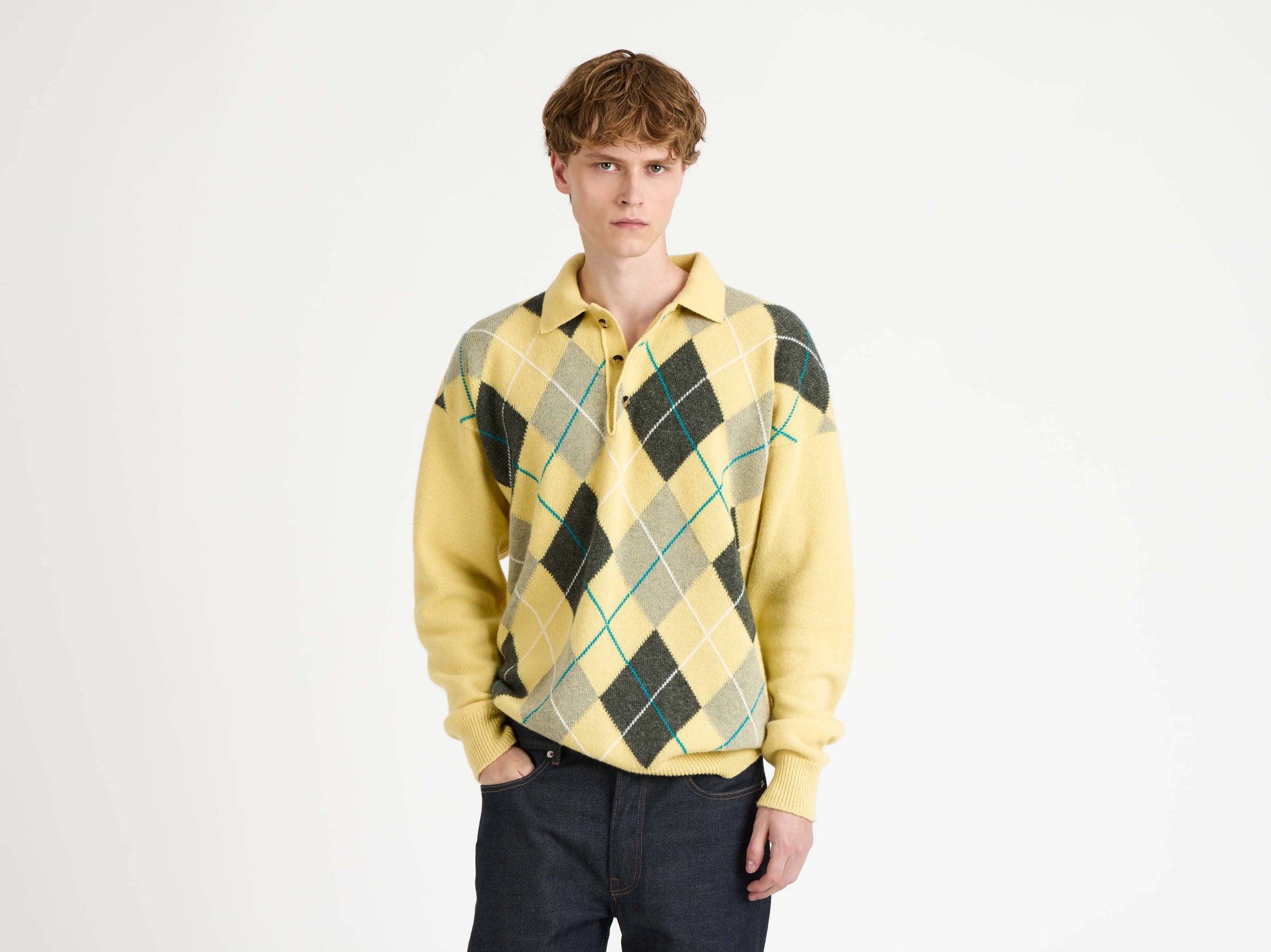 MENS JW ANDERSON X PRINGLE ARGYLE POLO TOP IN SOFT YELLOW
