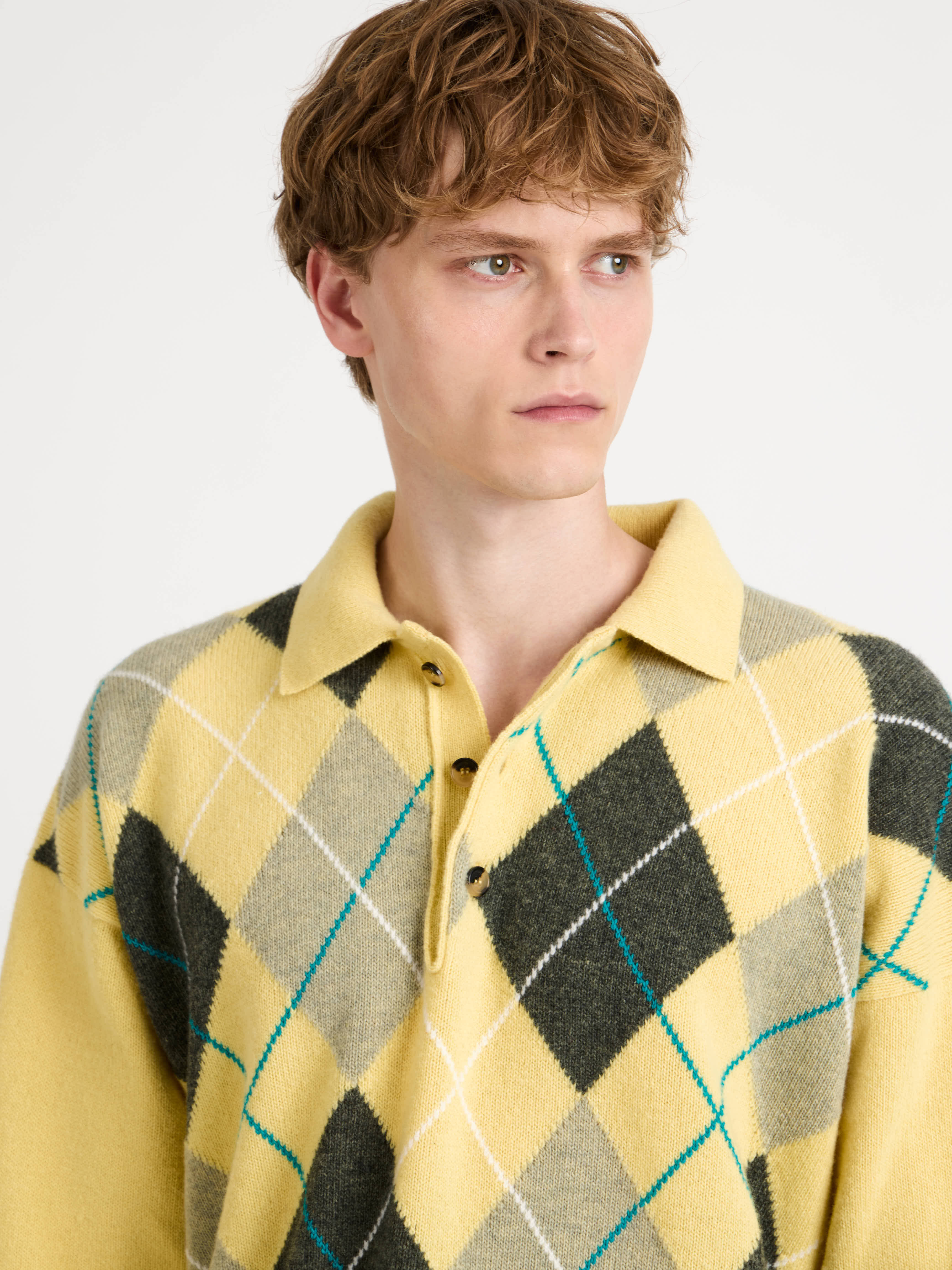 MENS JW ANDERSON X PRINGLE ARGYLE POLO TOP IN SOFT YELLOW in SOFT