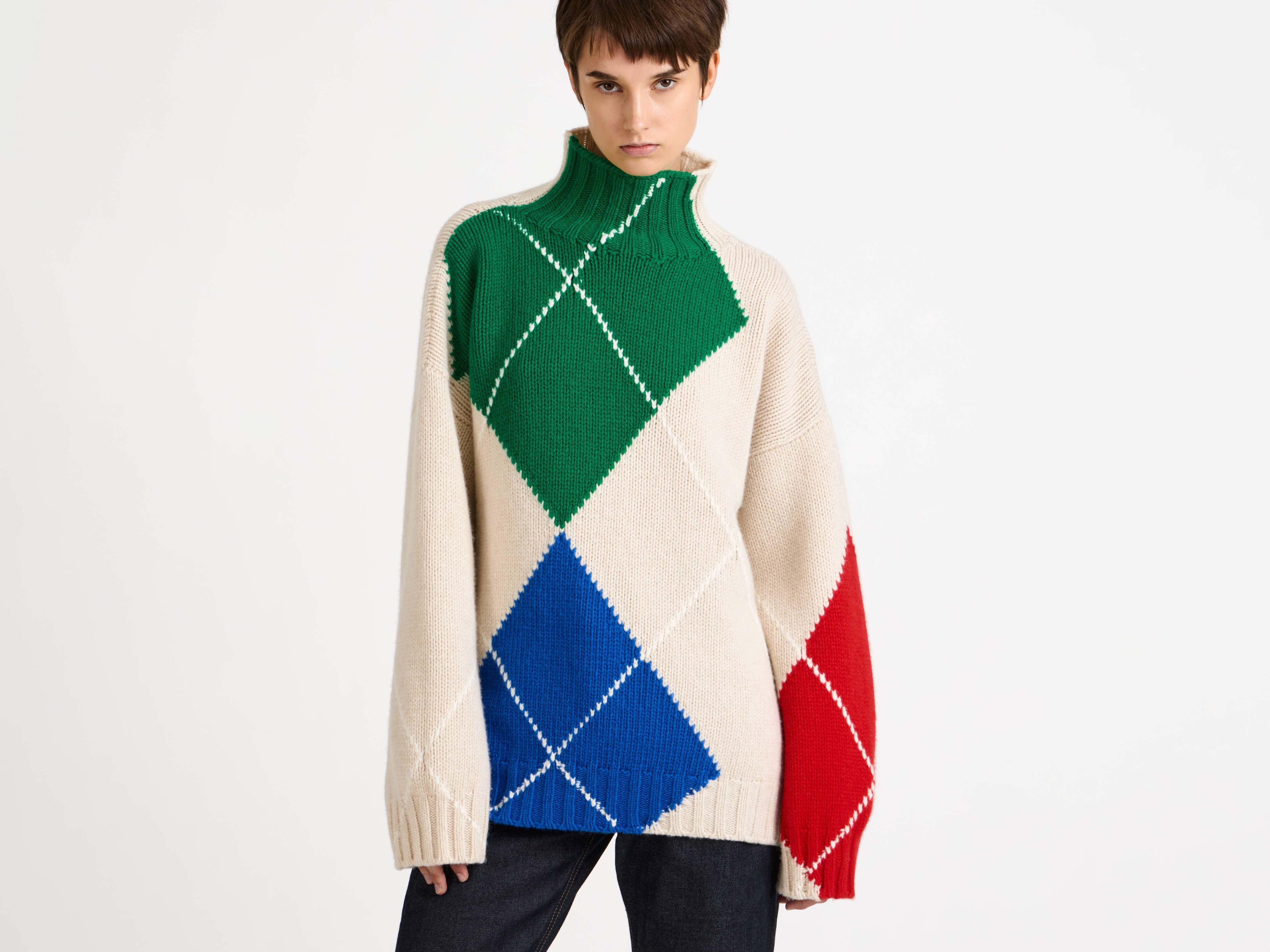 WOMENS JW ANDERSON X PRINGLE TURTLE-NECK ARGYLE JUMPER IN NATURAL